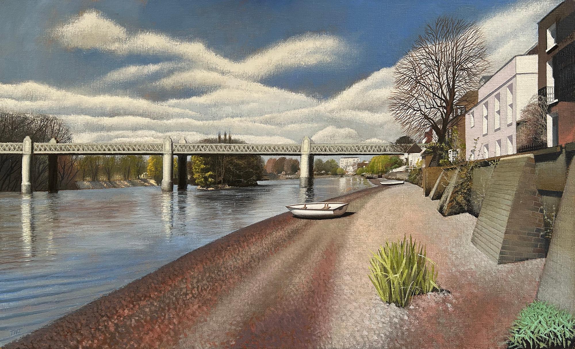 Tim Woodcock-Jones Landscape Painting - Strand-on-the-Green, landscape, London, figurative 