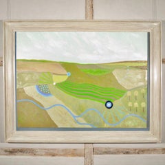 Stream - large landscape painting with trees, green, oil on board, abstract