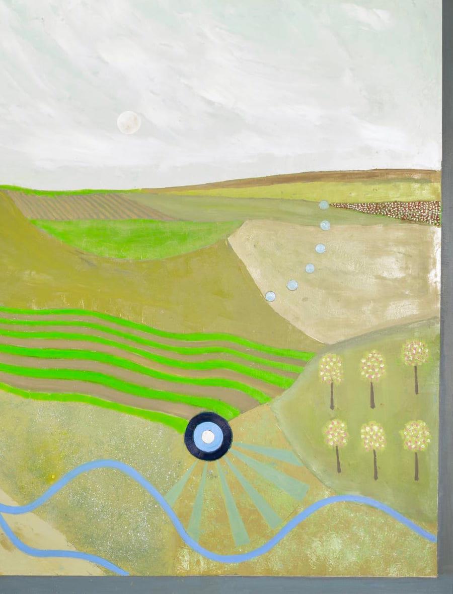 Stream - large landscape painting with trees, green, oil on board, abstract - Land Painting by Tim Woolcock