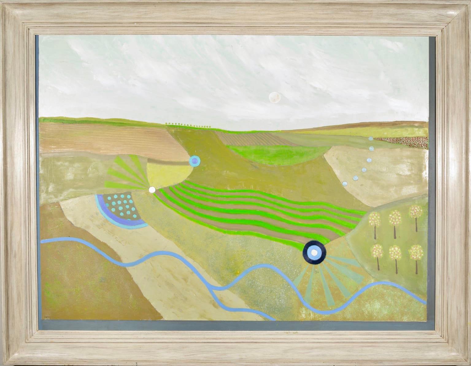 Stream - large landscape painting with trees, green, oil on board, abstract - Painting by Tim Woolcock