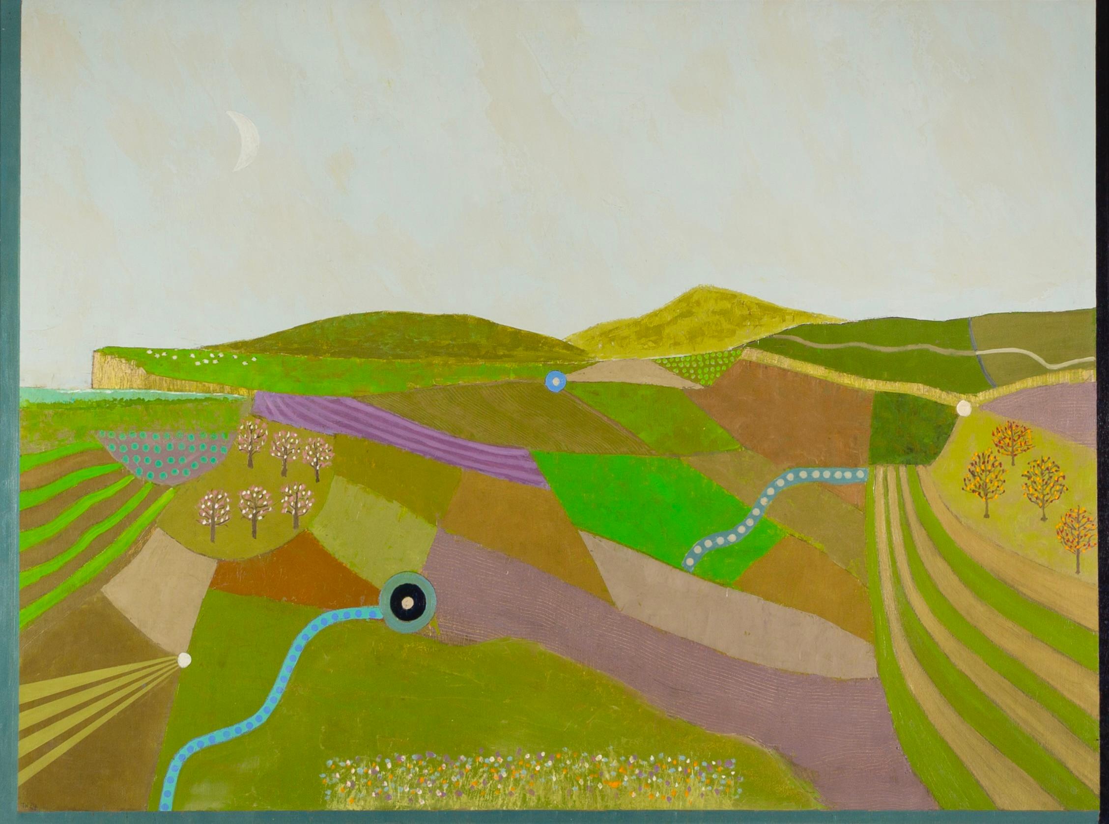 Landscape Painting Tim Woolcock - Sussex Evening, 2024 - Peinture à l'huile contemporaine de paysage abstrait sur panneau