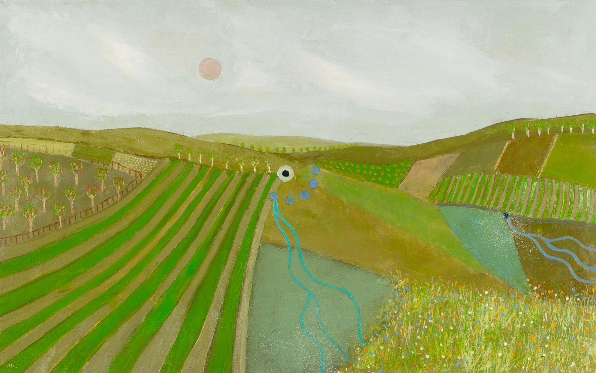 Tim Woolcock Figurative Painting - Wiltshire Streams, Pink Moon, 2023 - Green Contemporary Landscape Oil Painting