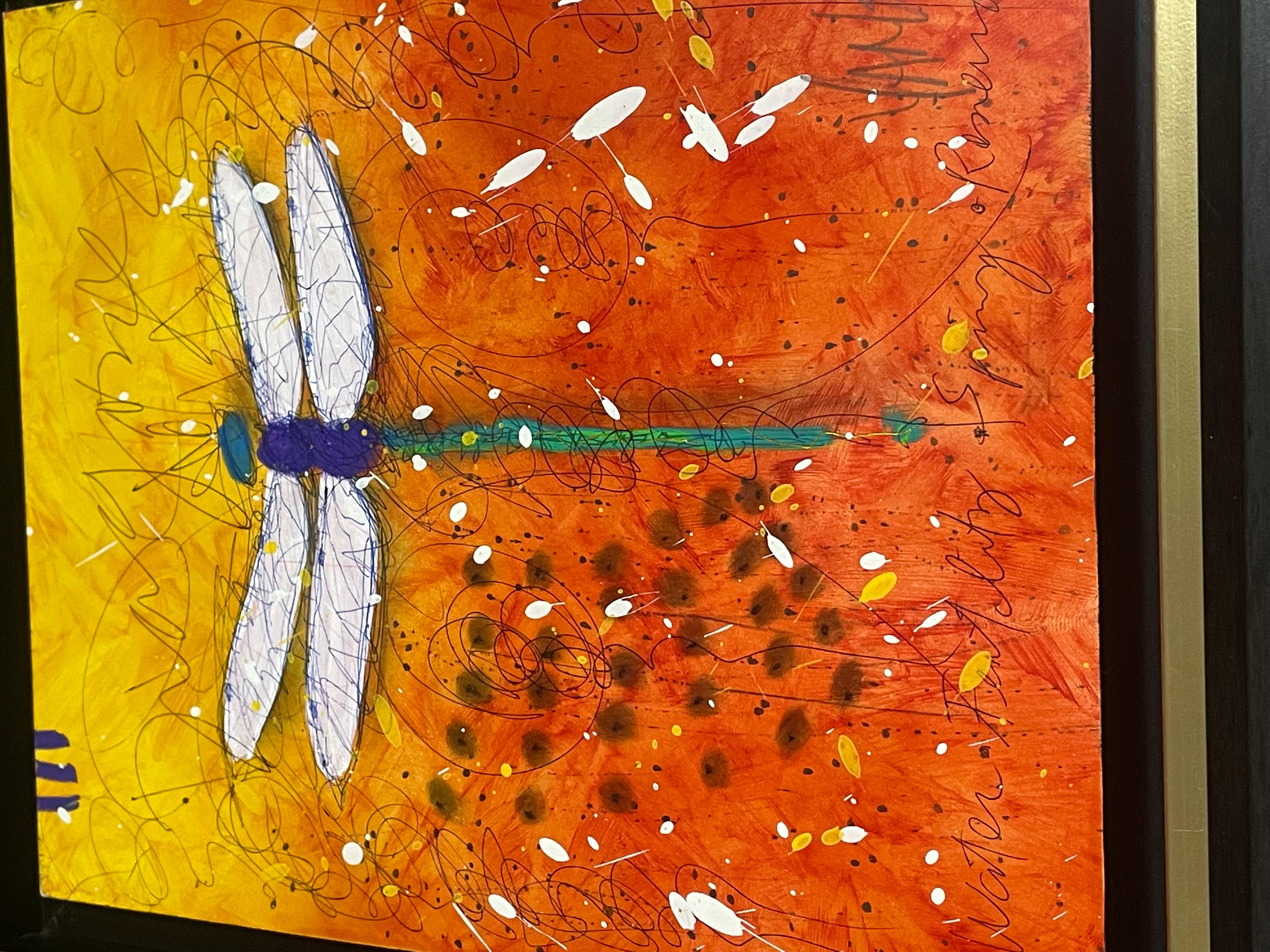 This is a tim yanke embellished dragonfly print unique piece 1/1. In good condition measures 18x16