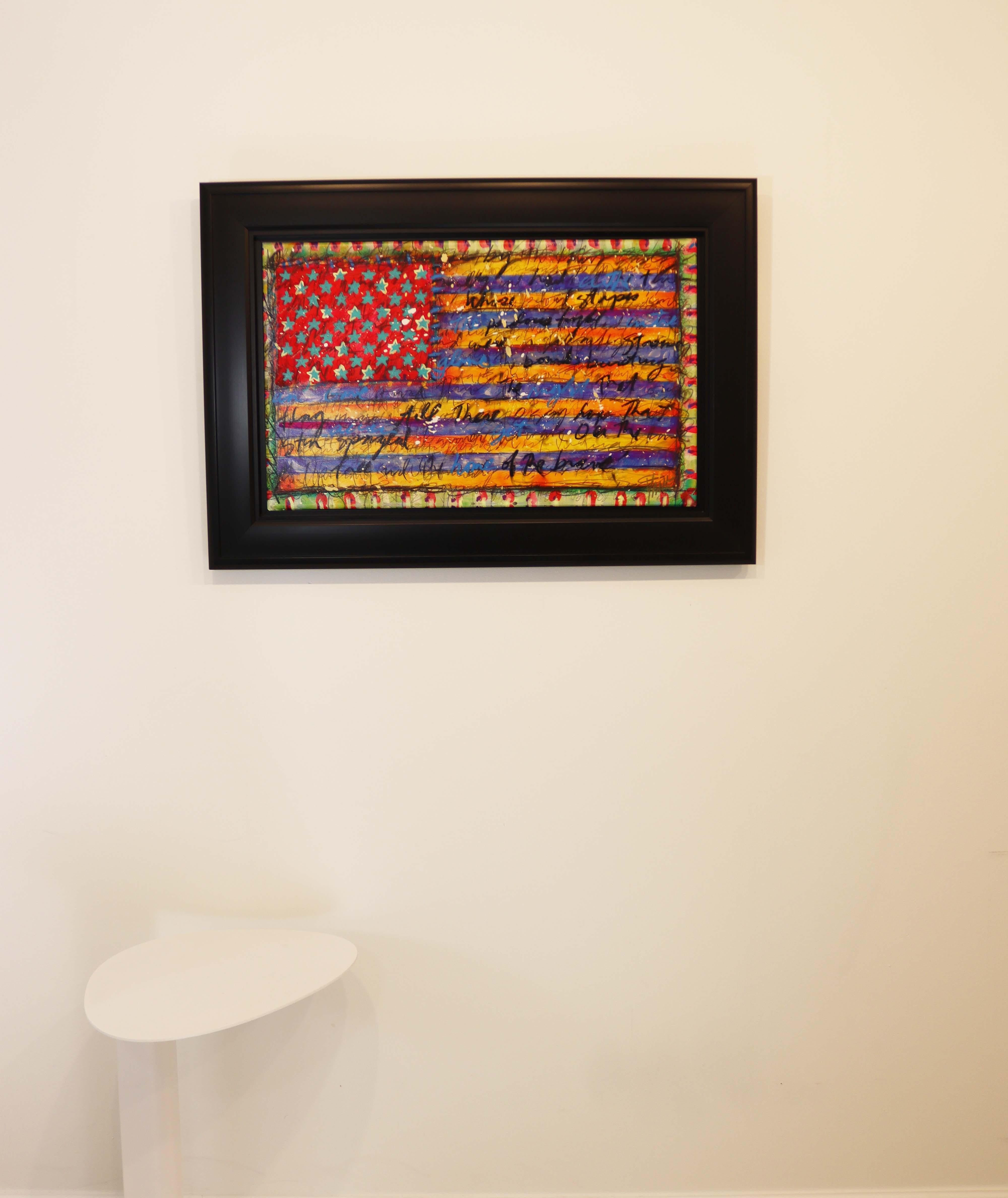 A fantastic embellished giclee on canvas titled Yankee Doodle by Detroit based artist Tim Yanke. Hand signed on bottom right with an annotation of 48/280. The subject matter of the flag is a nod to artists such as Jasper Johns and Peter Max, while