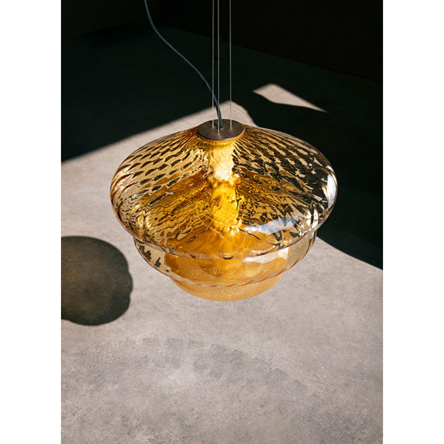 Lampada a sospensione Tima di Luca Nichetto
Materiali: Paralume: Vetro soffiato a bocca trasparente/grigio Kaiser/ambra
 Struttura: Bronzo satinato, cromo nero, vetro
Dimensioni: L 44,2 x P 44,2 x H 34 cm

Nella rotondità dei loro corpi sinuosi
