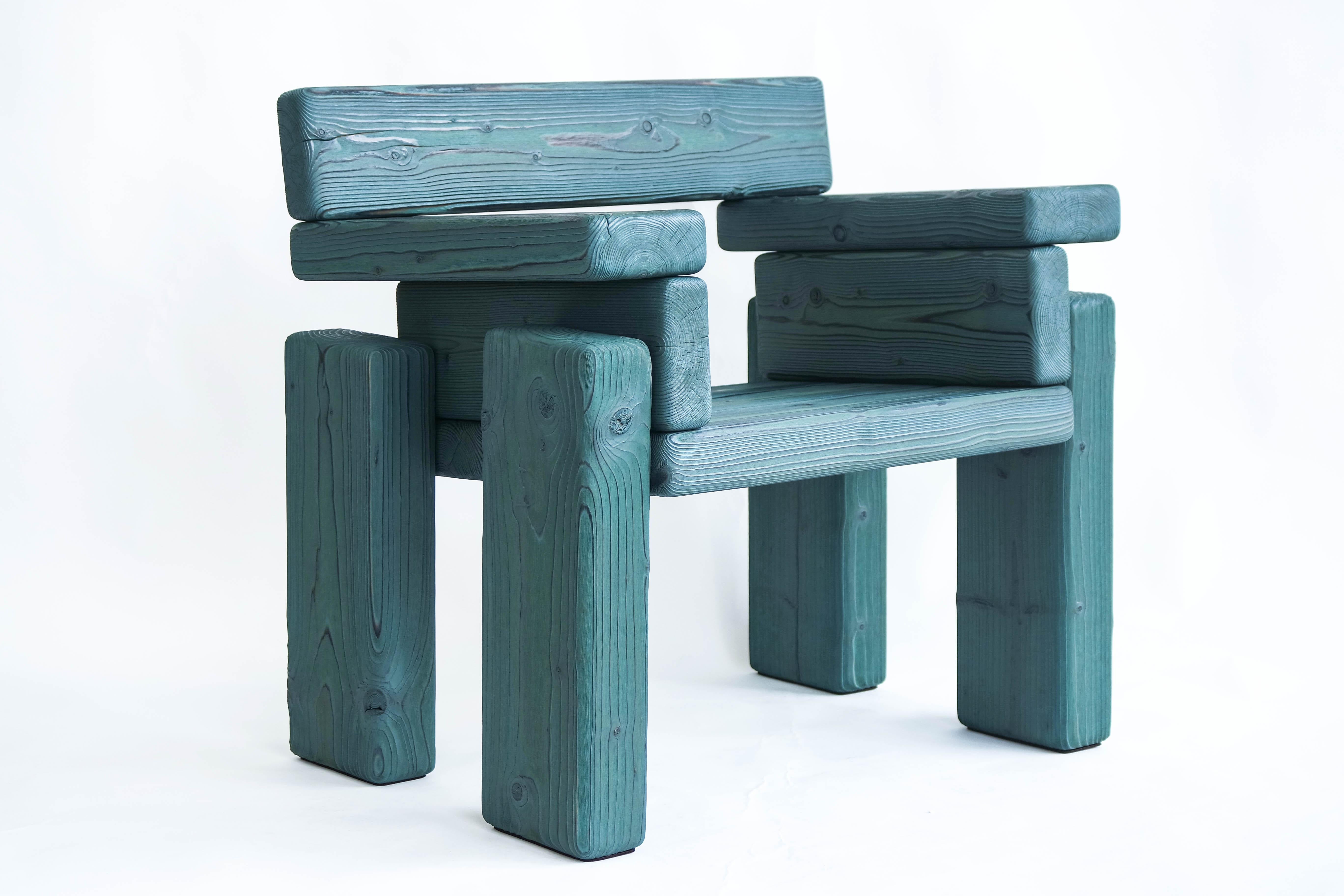 Timber Armchair by Onno Adriaanse
Signed and numbered.
Dimensions: W 58 x D 82 x H 78 cm
Materials: Burned pine, colored linseed oil
Also available in color: indigo blue, purple-red, uncolored wood. More colors on request.

By stacking solid wood