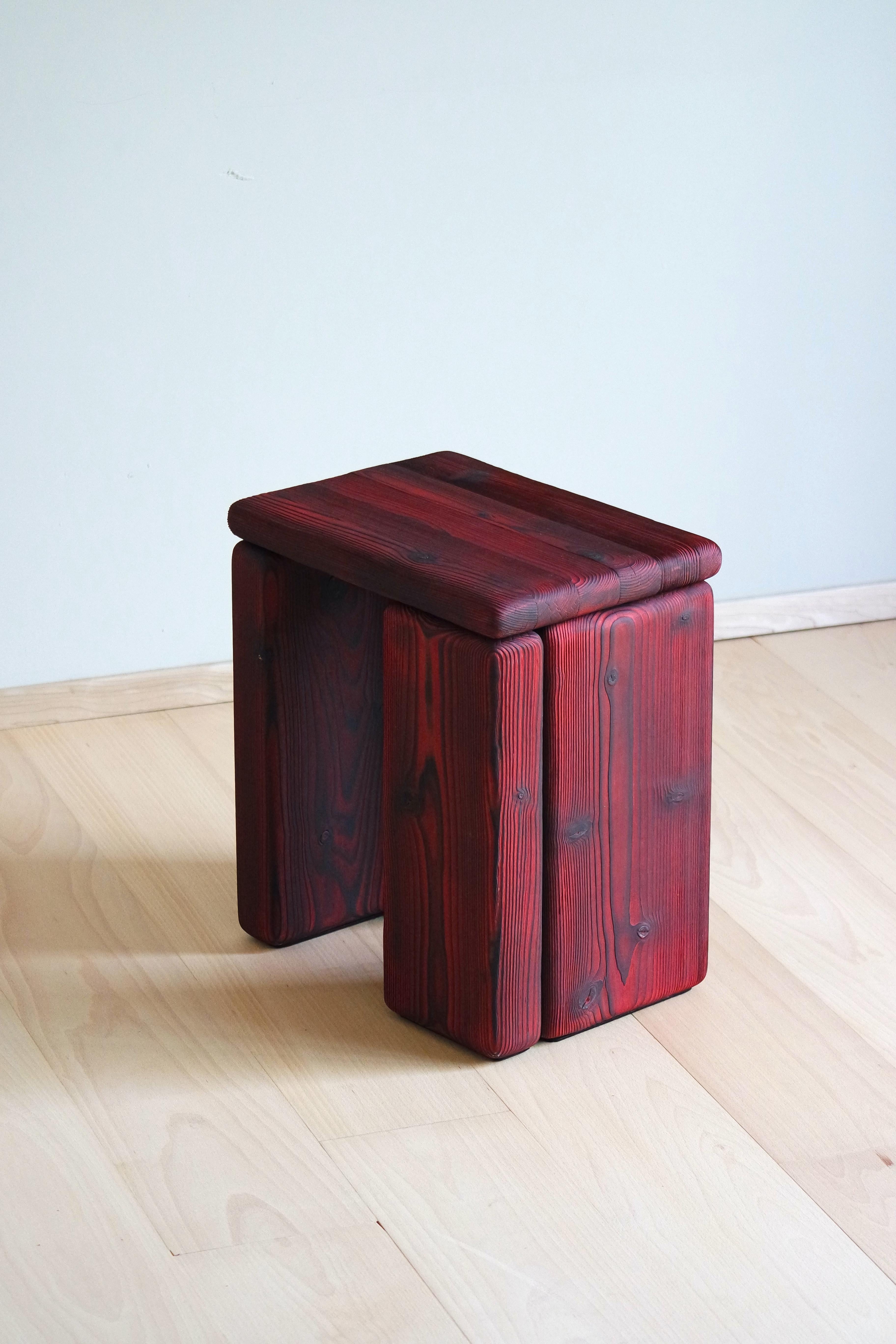 Timber Stool Burned Pine by Onno Adriaanse
Signed and numbered
Dimensions: D 40 x W 29 x H 45 cm
Materials: Burned pine, colored linseed oil
Also available in Color: Indigo blue, purple-red, uncolored wood, Maple, Burned Pine. More colors on