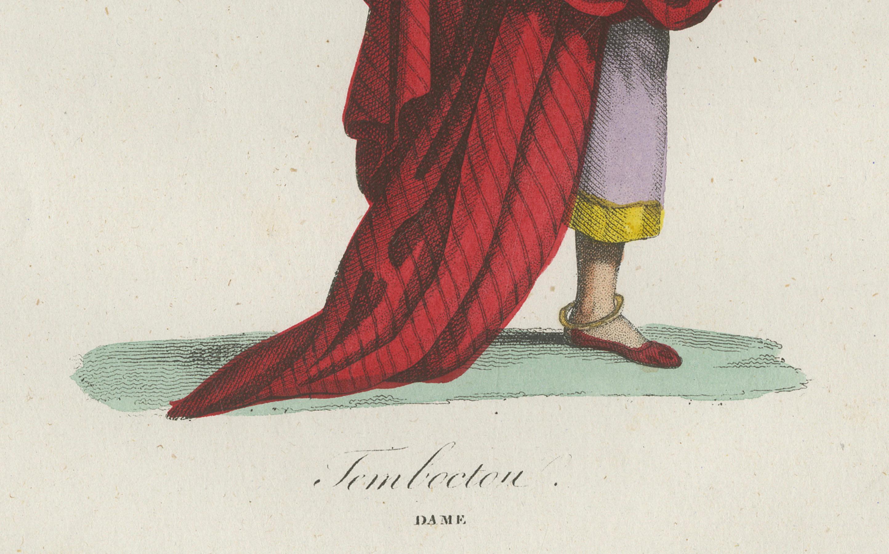 Timbuktu Woman Costume Print – Antique Hand-Colored Lithograph, 1854

Description:
This antique hand-colored lithograph, published in 1854 in Album des Voyages Anciens et Modernes by Martial Ardant Frères, shows a woman from Timbuktu, dressed in
