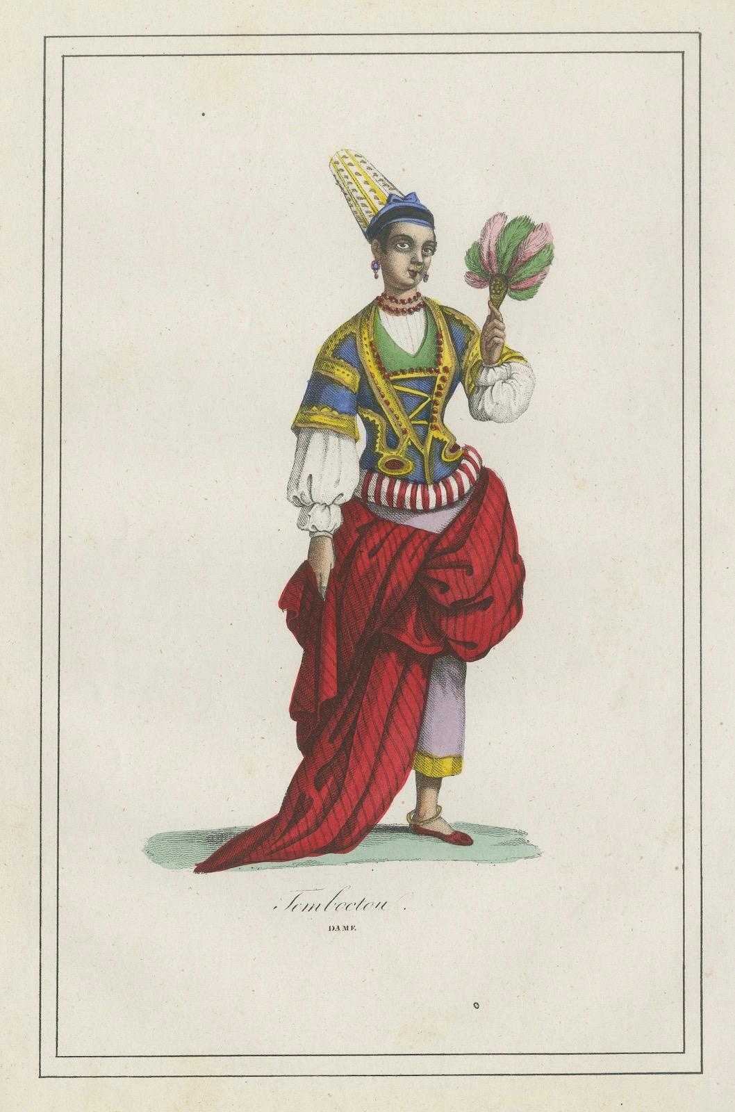 Paper Timbuktu Woman Costume Print – Antique Hand-Colored Lithograph, 1854 For Sale
