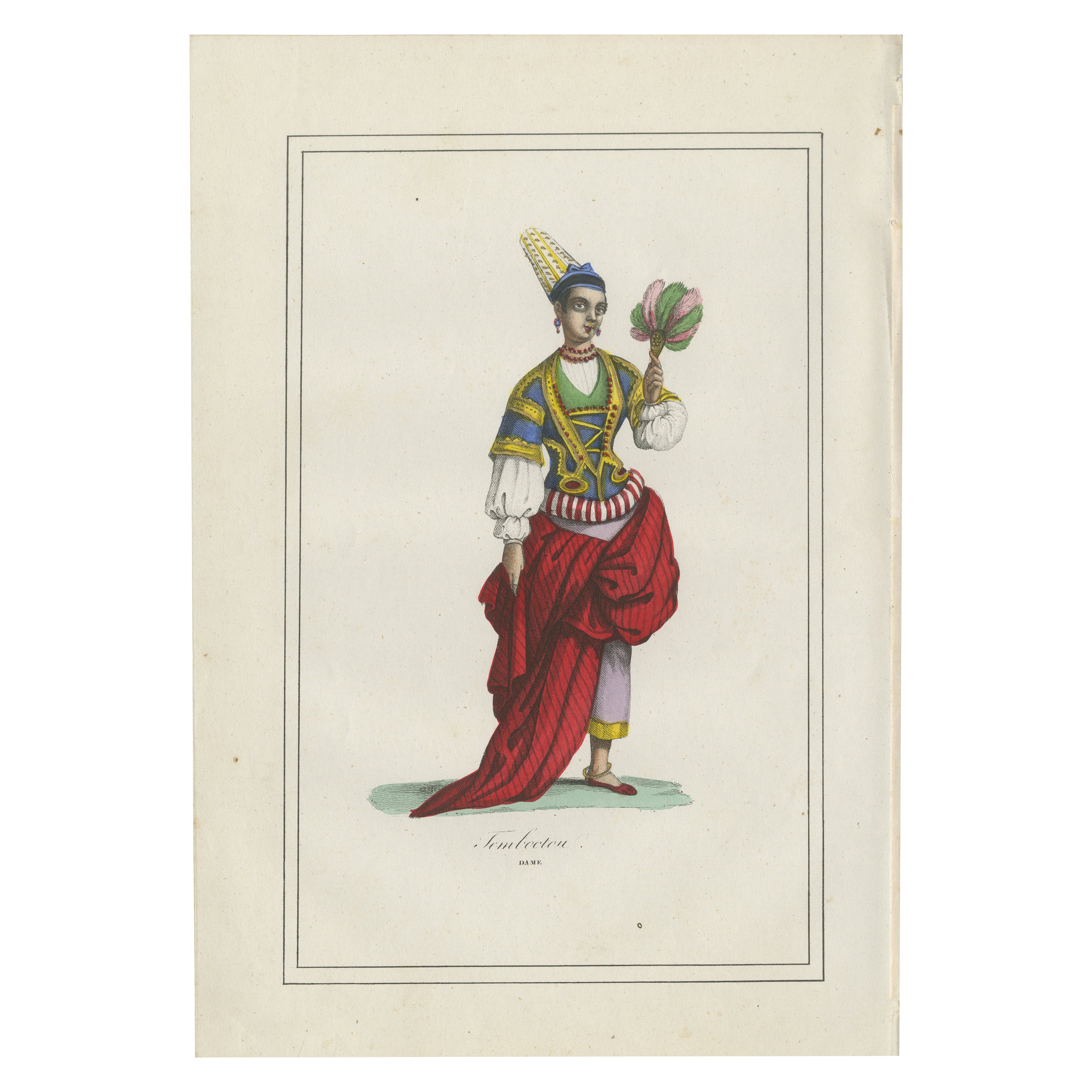 Timbuktu Frau Kostüm Druck - Antike handkolorierte Lithographie, 1854 im Angebot