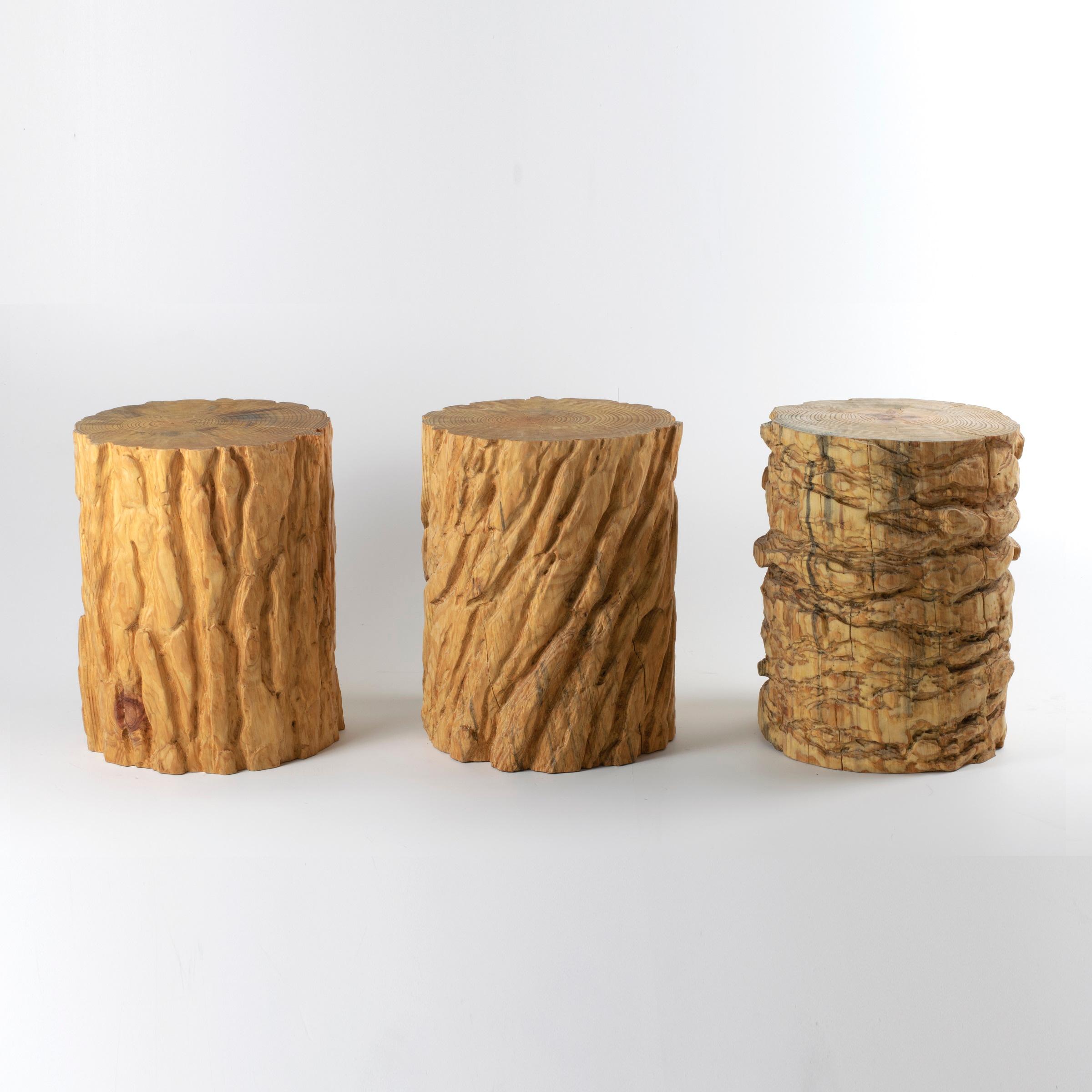 American Zero Bark Map Stool / Side Table in Natural Finish, CNCd Pine Timber, by Timbur For Sale