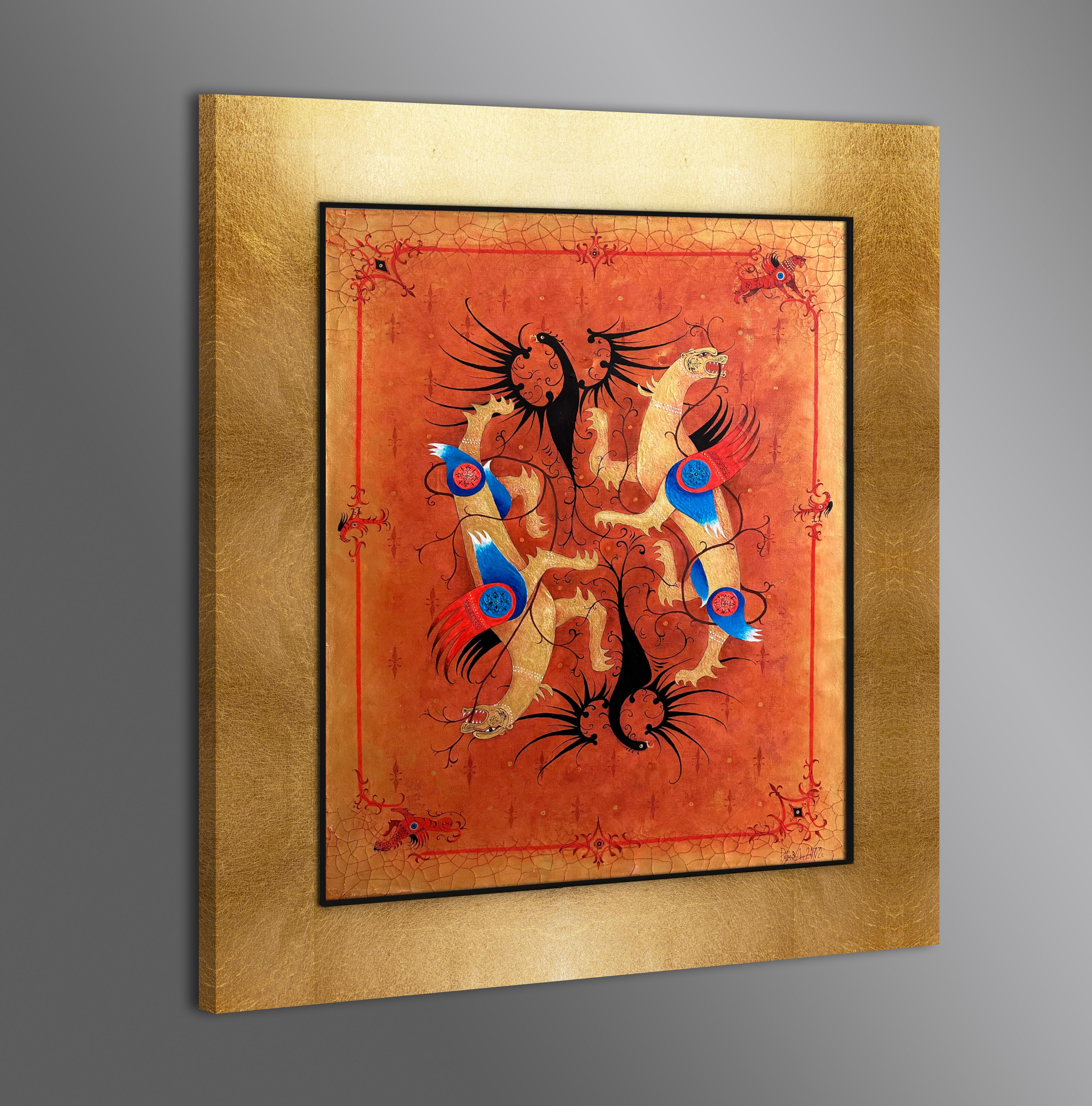 Pittura contemporanea olio su tela con cornice in legno e foglia d'oro 24 carati 