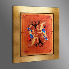 Huile sur toile, peinture contemporaine dans un cadre en bois, dorée à la feuille d'or 24K, "Time Fighter".