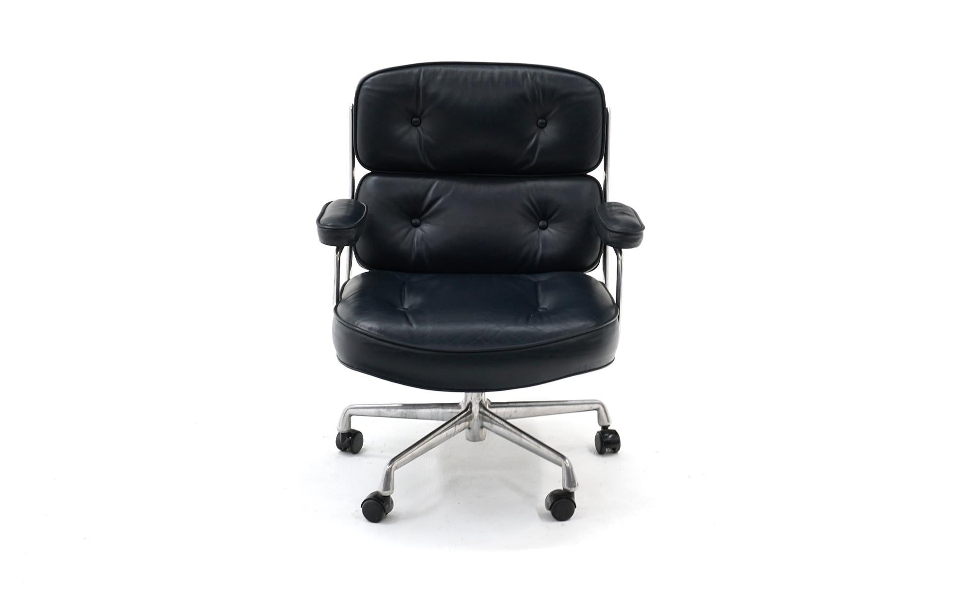 Mid-Century Modern Time Life Executive Desk Chair by Charles and Ray Eames. Dark Gray Blue Leather
