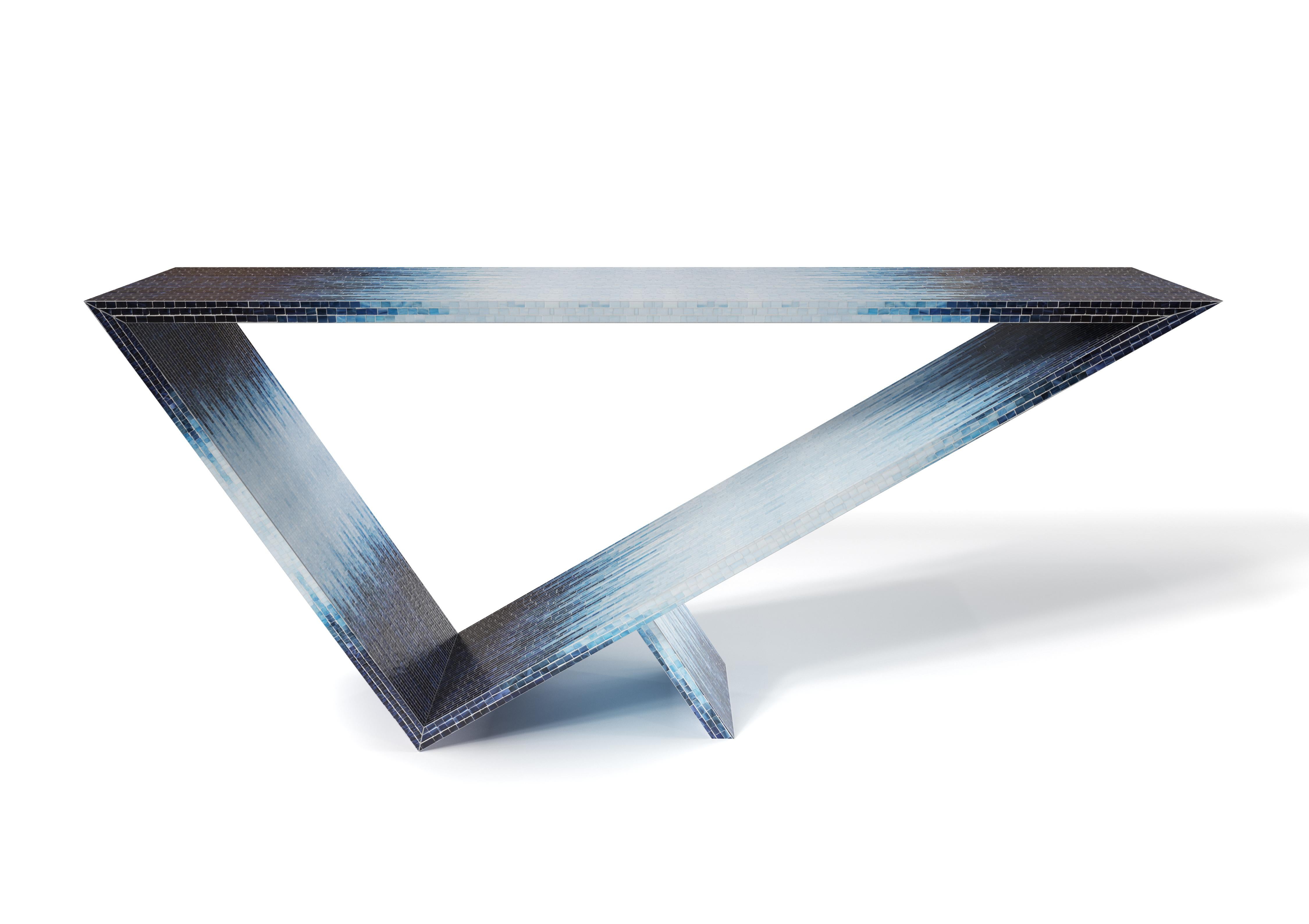 Time/space portal blue ombre console #1 by Neal Aronowitz Design
Dimensions: D 172.7 x W 43.2 x H 76.2 cm
Materials: Glass tile mosaic.
This table can be fabricated in any custom mosaic color and pattern. 

The inspiration for the Time/Space