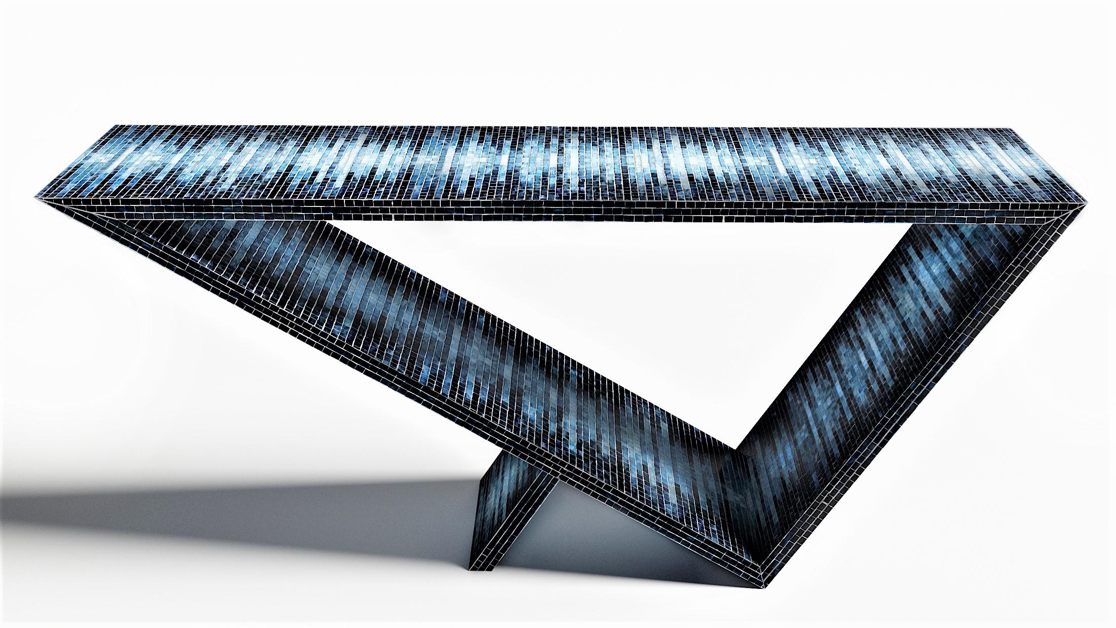 Time/space portal blue ombre console #3 by Neal Aronowitz Design
Dimensions: D 172.7 x W 43.2 x H 76.2 cm
Materials: Glass tile mosaic.
This table can be fabricated in any custom mosaic color and pattern. Also available in different sizes.