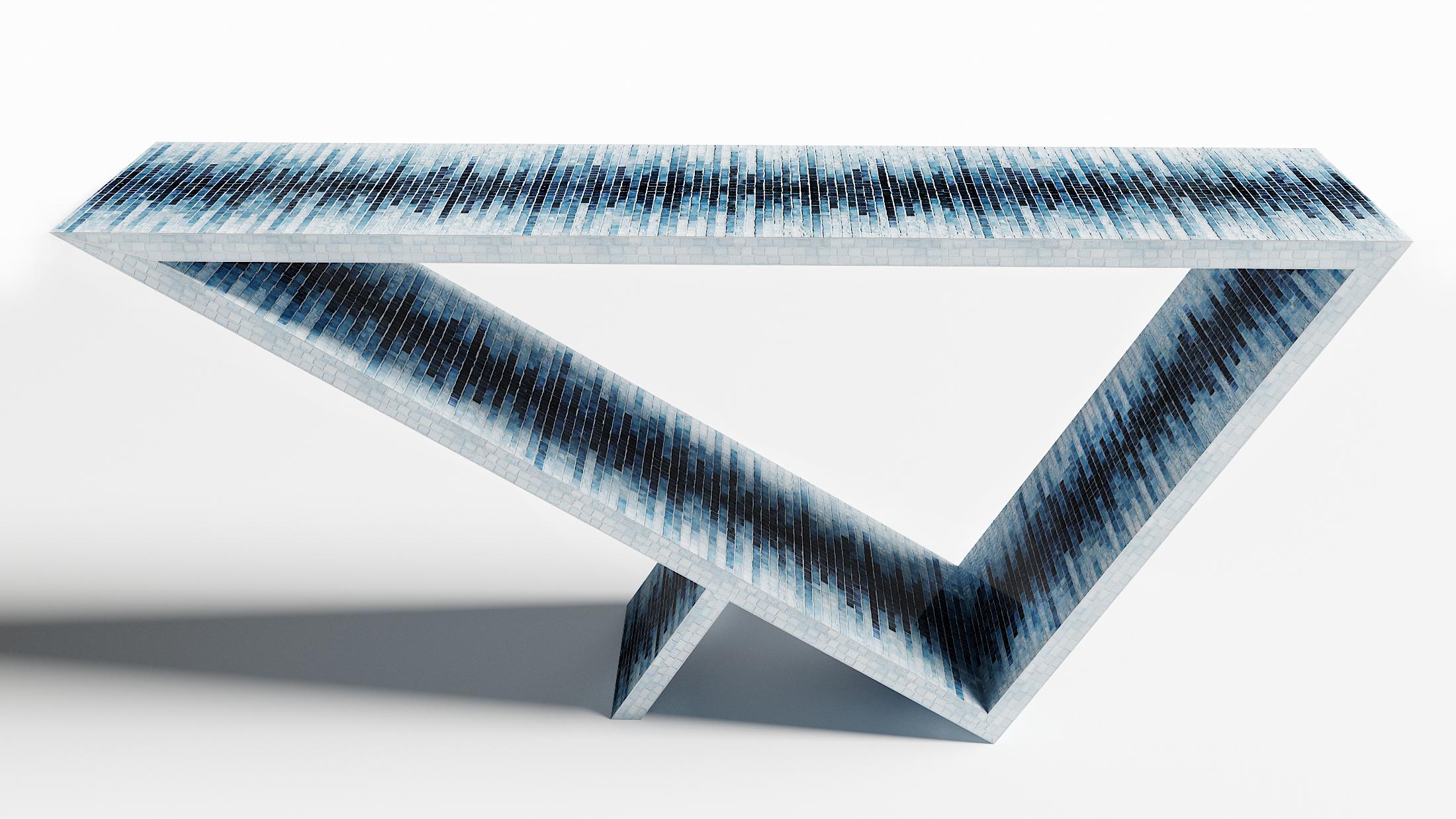 Time/space portal blue ombre console #4 by Neal Aronowitz Design
Dimensions: D 172.7 x W 43.2 x H 76.2 cm
Materials: Glass tile mosaic.
This table can be fabricated in any custom mosaic color and pattern. Also available in different sizes.