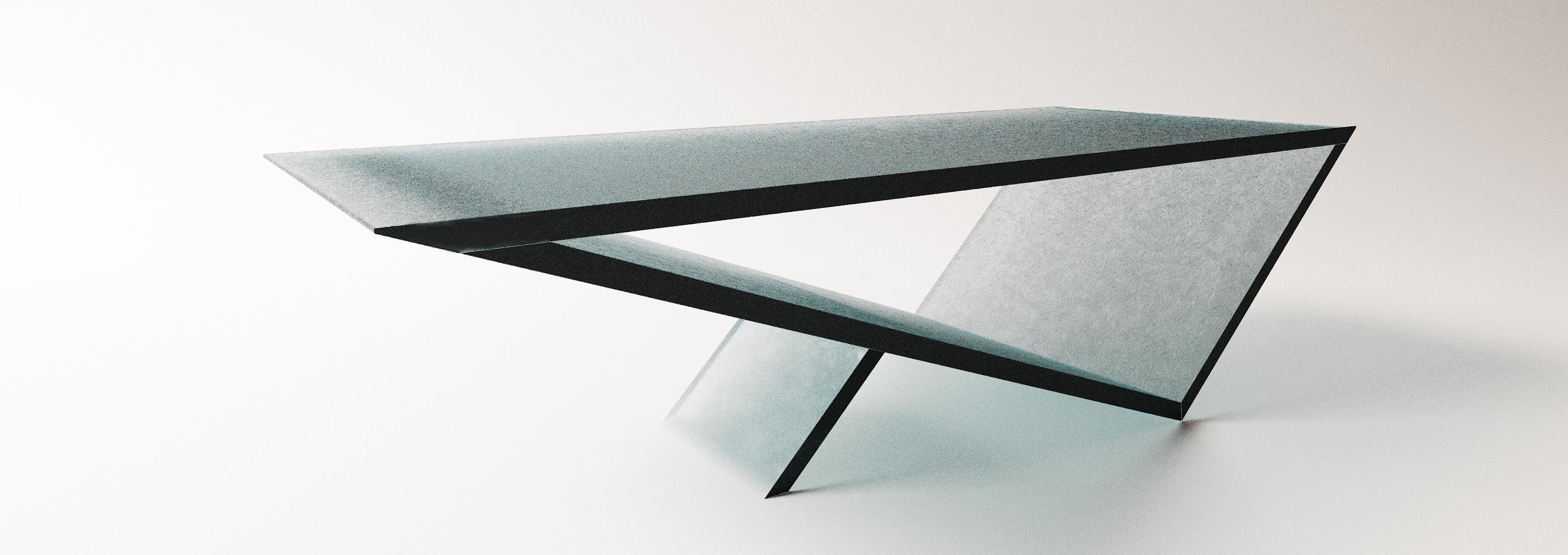 Time/Space Portal Table in Kiln cast glass..

The inspiration for the Time/Space Portal Table collection comes from the power, simplicity, and elegance of the triangle.
This is an ongoing series exploring the dynamics of balance, weight, gravity,