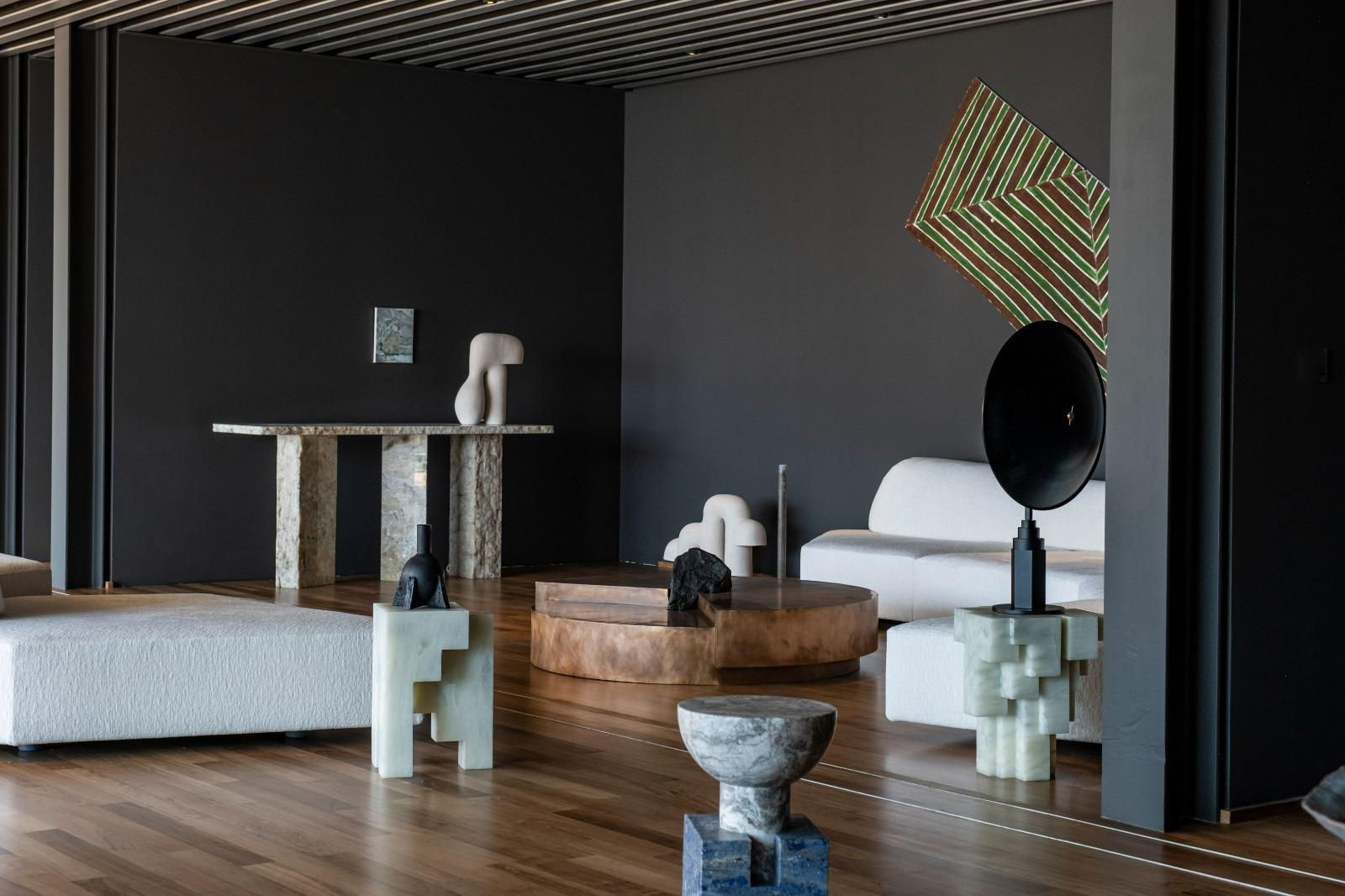Post-Modern Split Circle Bronze Unique Coffee Table, Rough Black Stone by Pierre De Valck For Sale