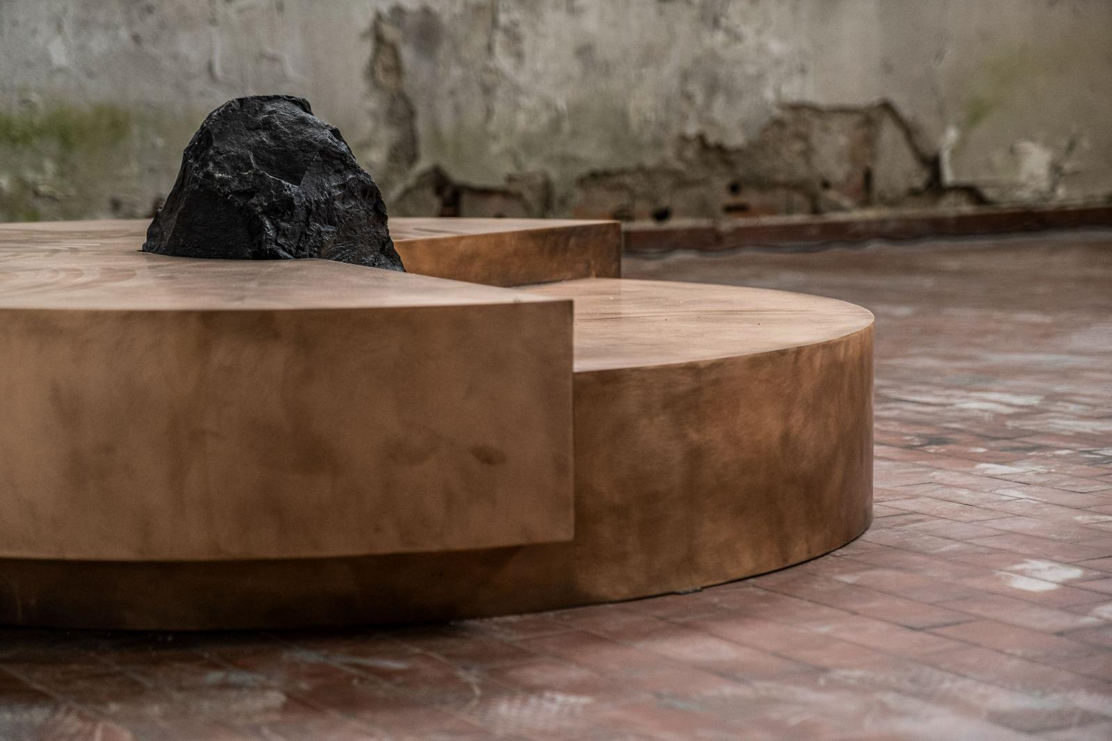 Contemporary Split Circle Bronze Unique Coffee Table, Rough Black Stone by Pierre De Valck For Sale