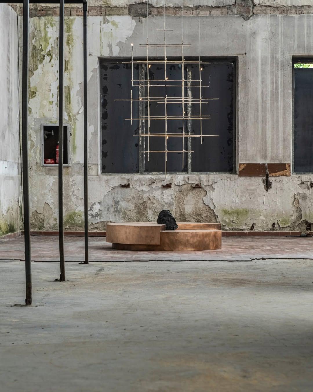 Split Circle Bronze Unique Coffee Table, Rough Black Stone by Pierre De Valck For Sale 1