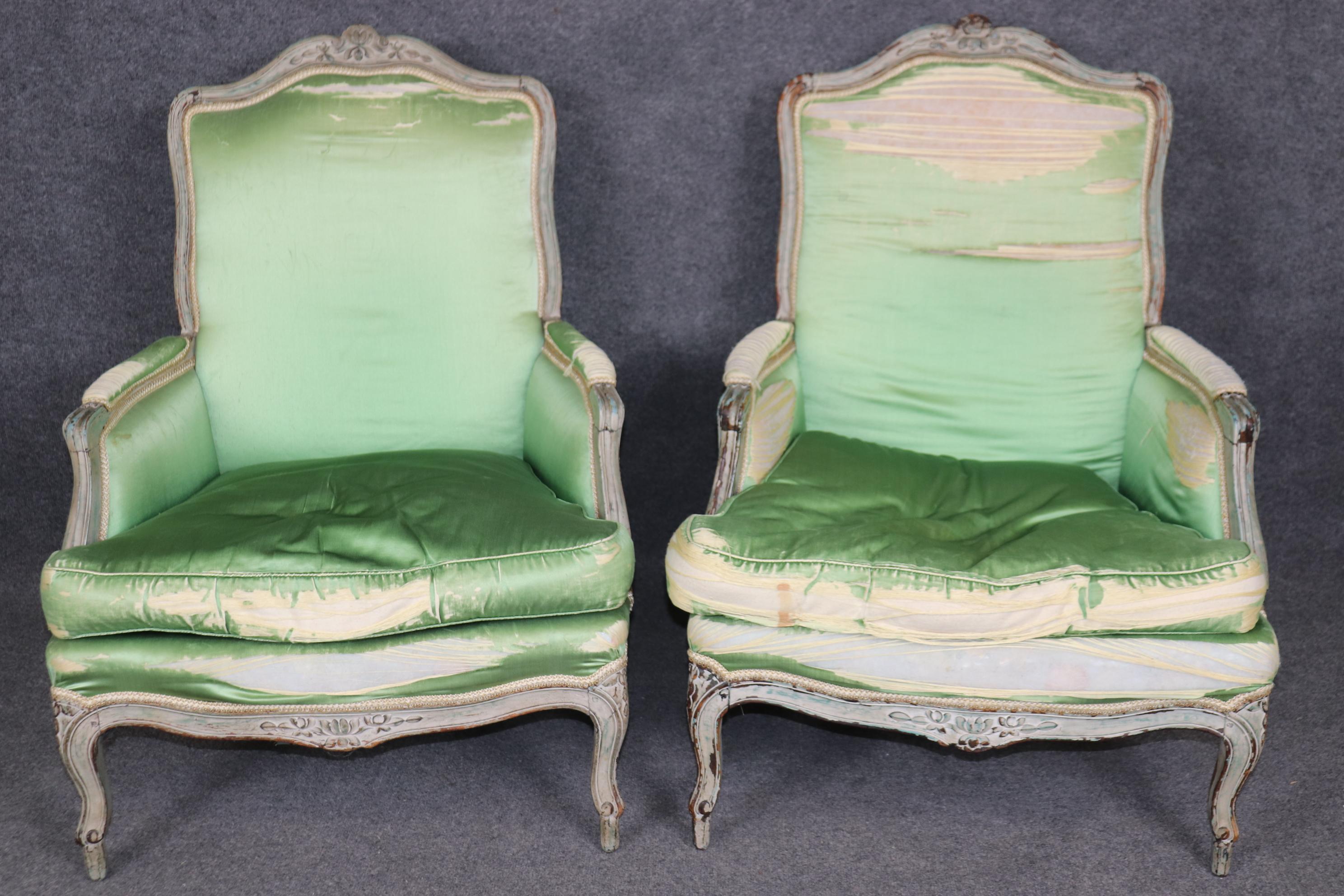 Louis XV Time-worn Antique French Louis 18th century Carved Walnut Bergere Chairs For Sale