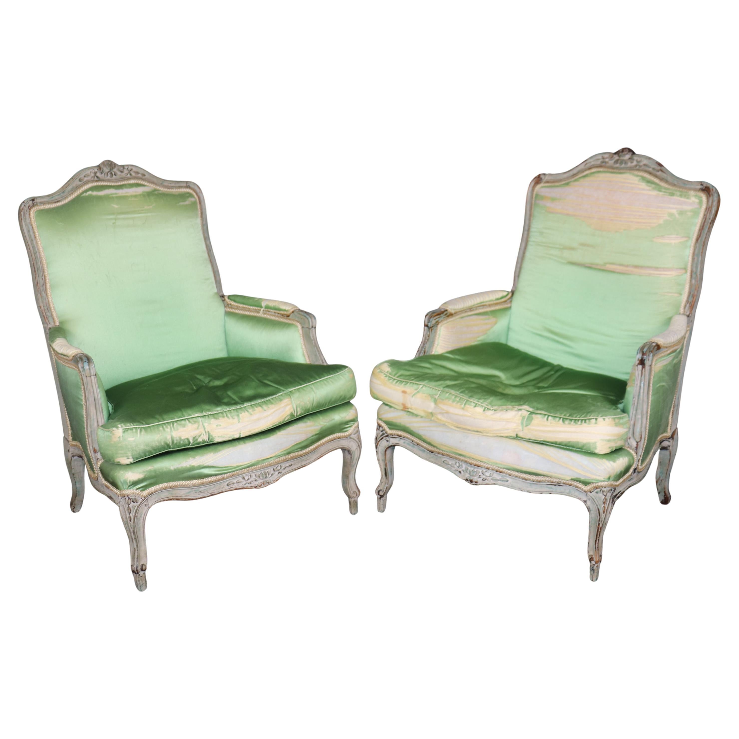 Time-worn Antique French Louis 18th century Carved Walnut Bergere Chairs