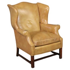 Vintage Time-Worn Old Money Style Gerogian Mahogany Mustard Hued Leather Wing Chair