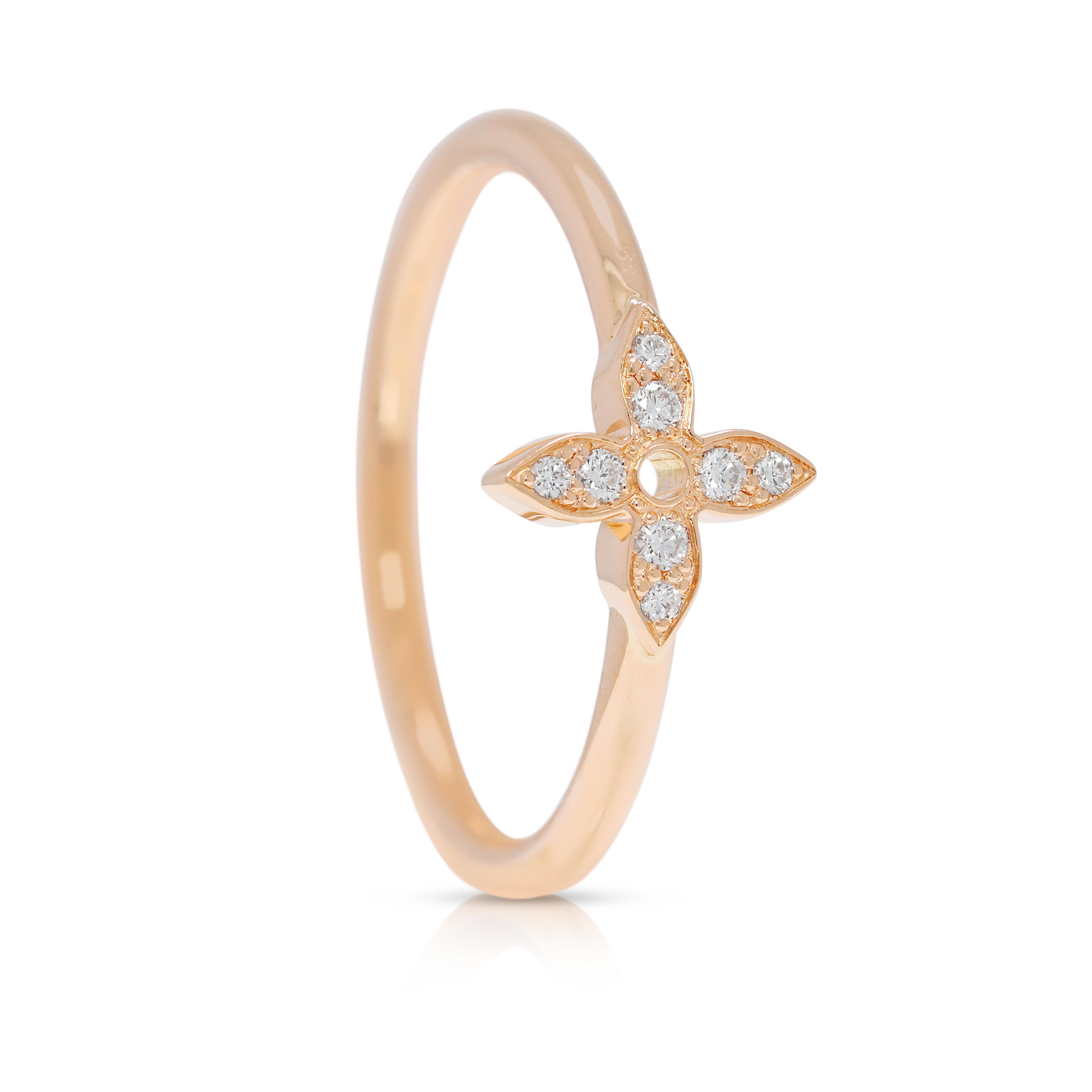 Delicate yet iconic, this pre-owned Louis Vuitton Idylle Blossom ring embodies modern femininity with a refined Parisian touch. Crafted in luxurious 18K rose gold, the floral motif is adorned with 8 natural round brilliant diamonds (0.06ct total),