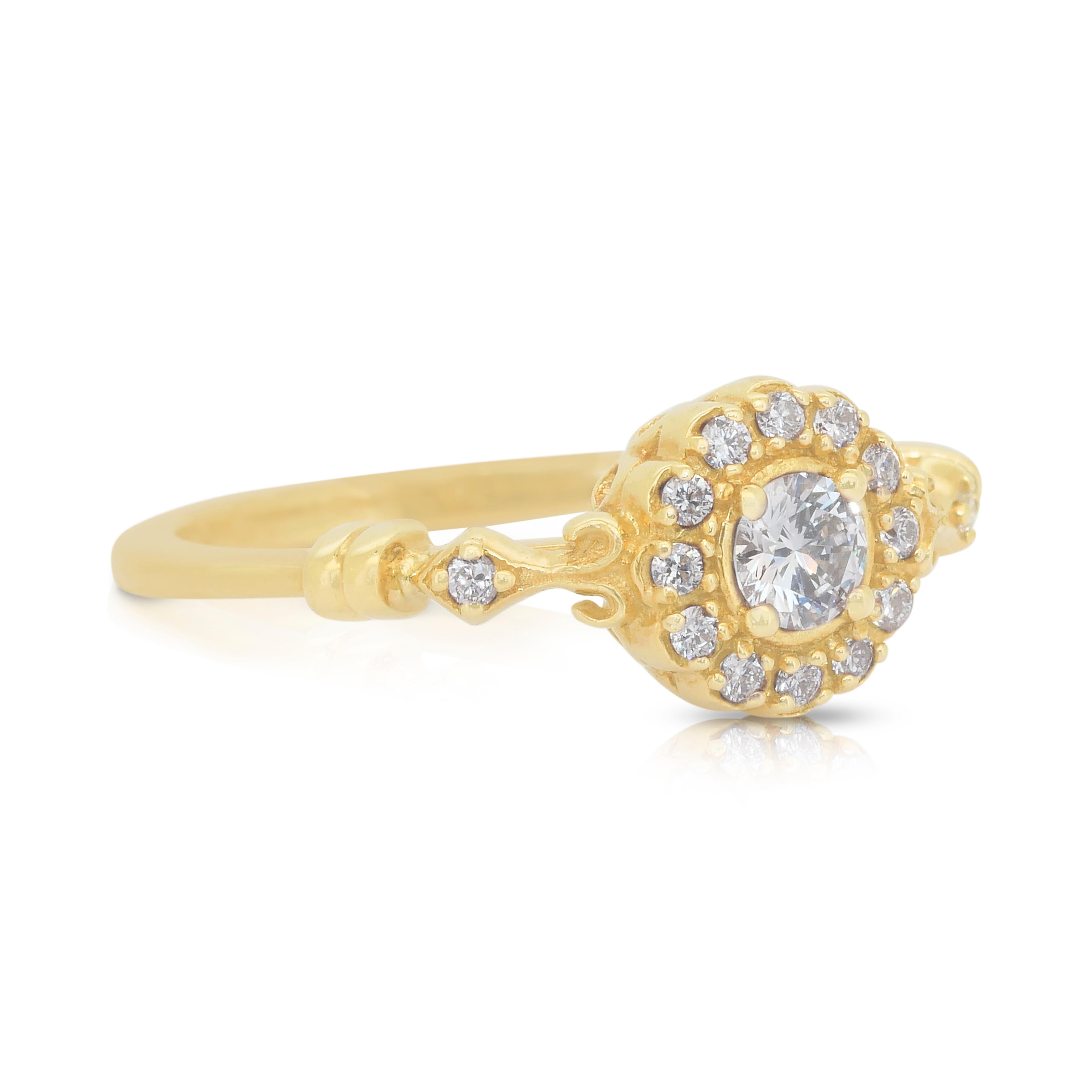 Timeless 0.39ct Diamonds Halo Ring in 18k Yellow Gold - IGI Certified

Elegance in its purest form, this 0.39-carat diamond ring is a timeless symbol of grace. The centerpiece, a 0.24ct round diamond, radiates exceptional brilliance. Encircled by 14