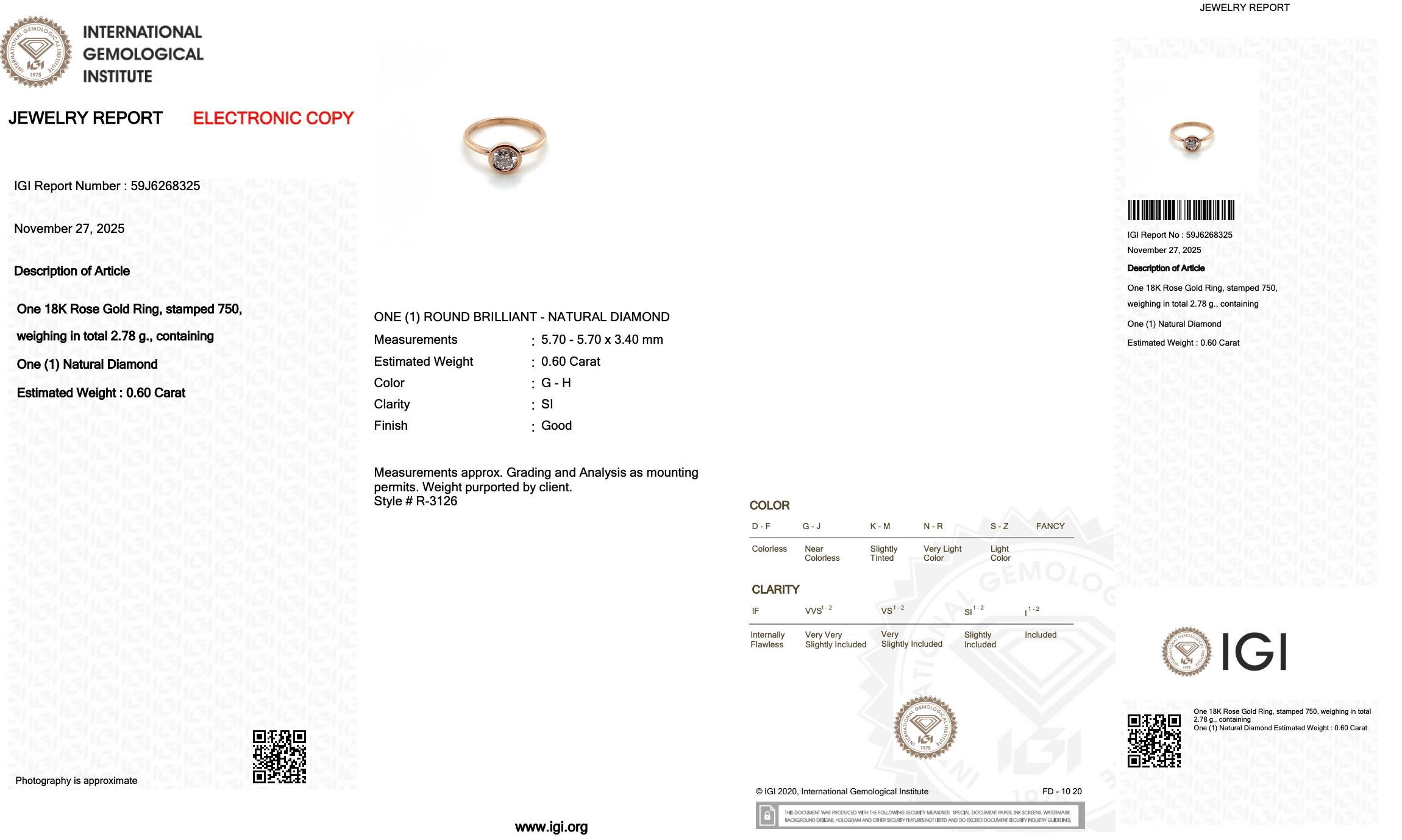 Donna Anello solitario senza tempo con diamante da 0,60 carati in oro rosa 18k - Certificato IGI in vendita