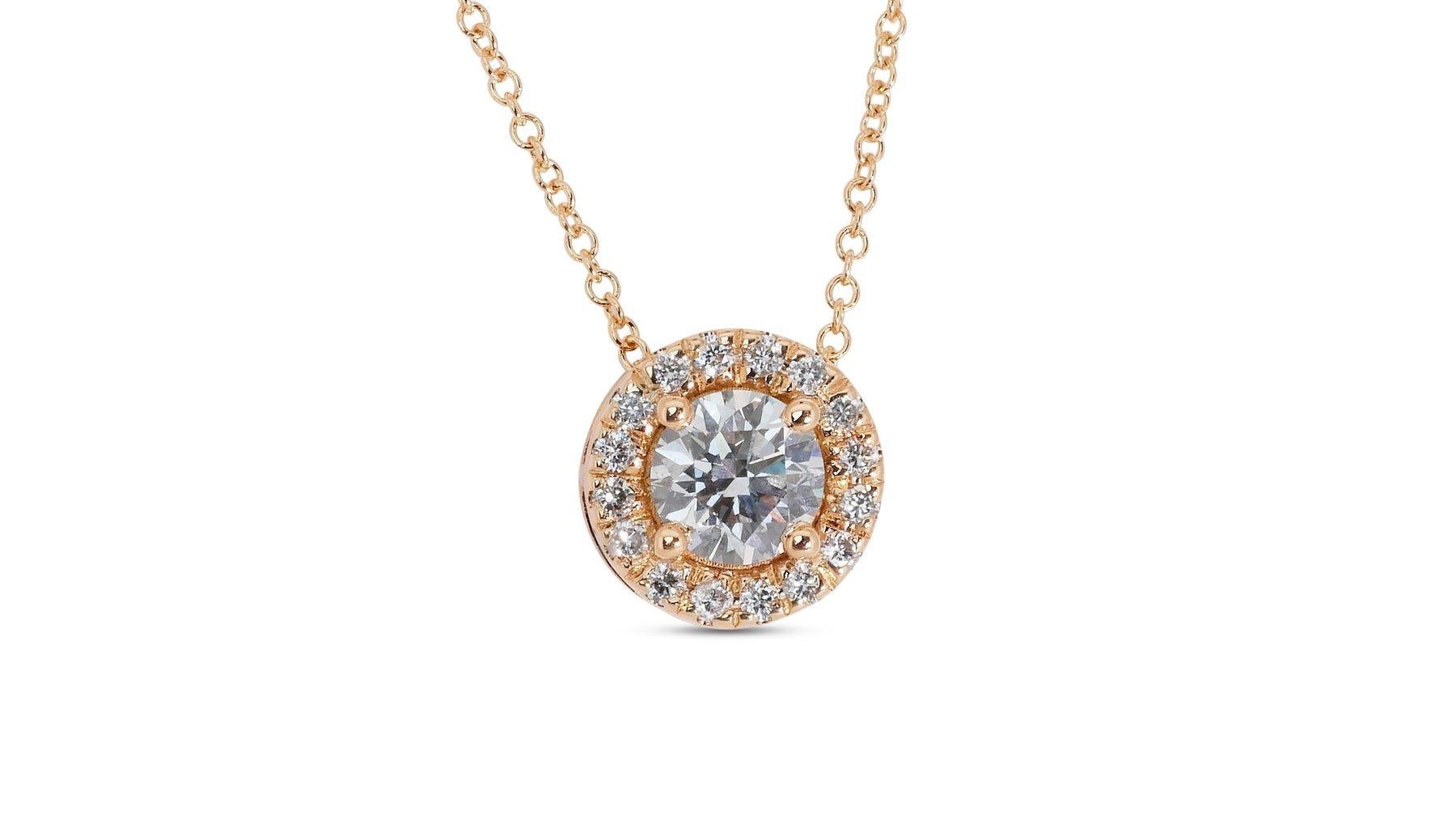 Timeless 0.61ct Triple Excellent Ideal Cut Diamond Halo Necklace in 18k Rose Gold - GIA Certified

Elevate your style with this exquisite 18k rose gold halo necklace, featuring a stunning 0.51-carat round-cut diamond with a triple excellent ideal
