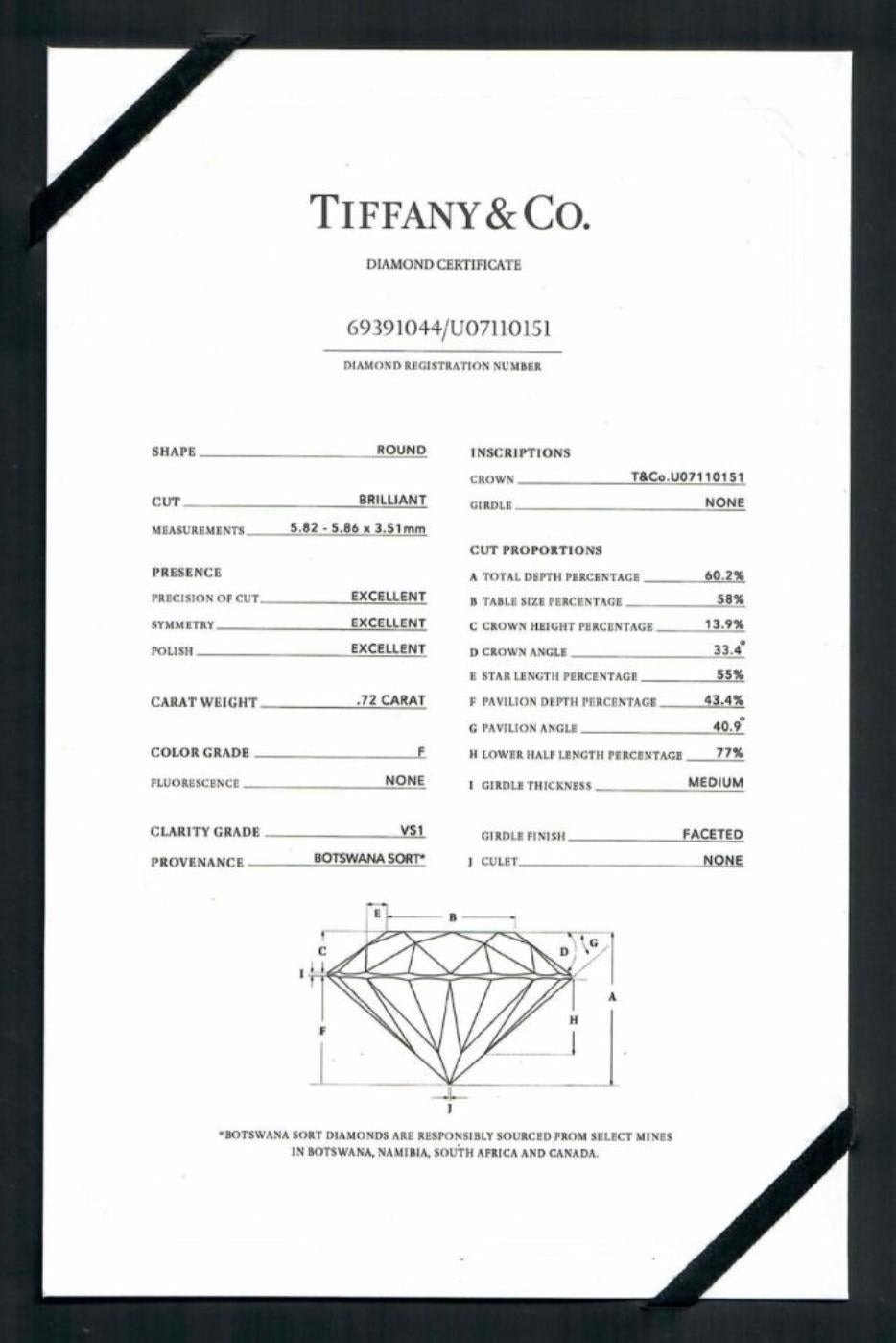 Zeitlos 0,72ct Tiffany & Co. Solitärring aus Platin mit natürlichem Diamant (vollständiger Satz) im Angebot 3