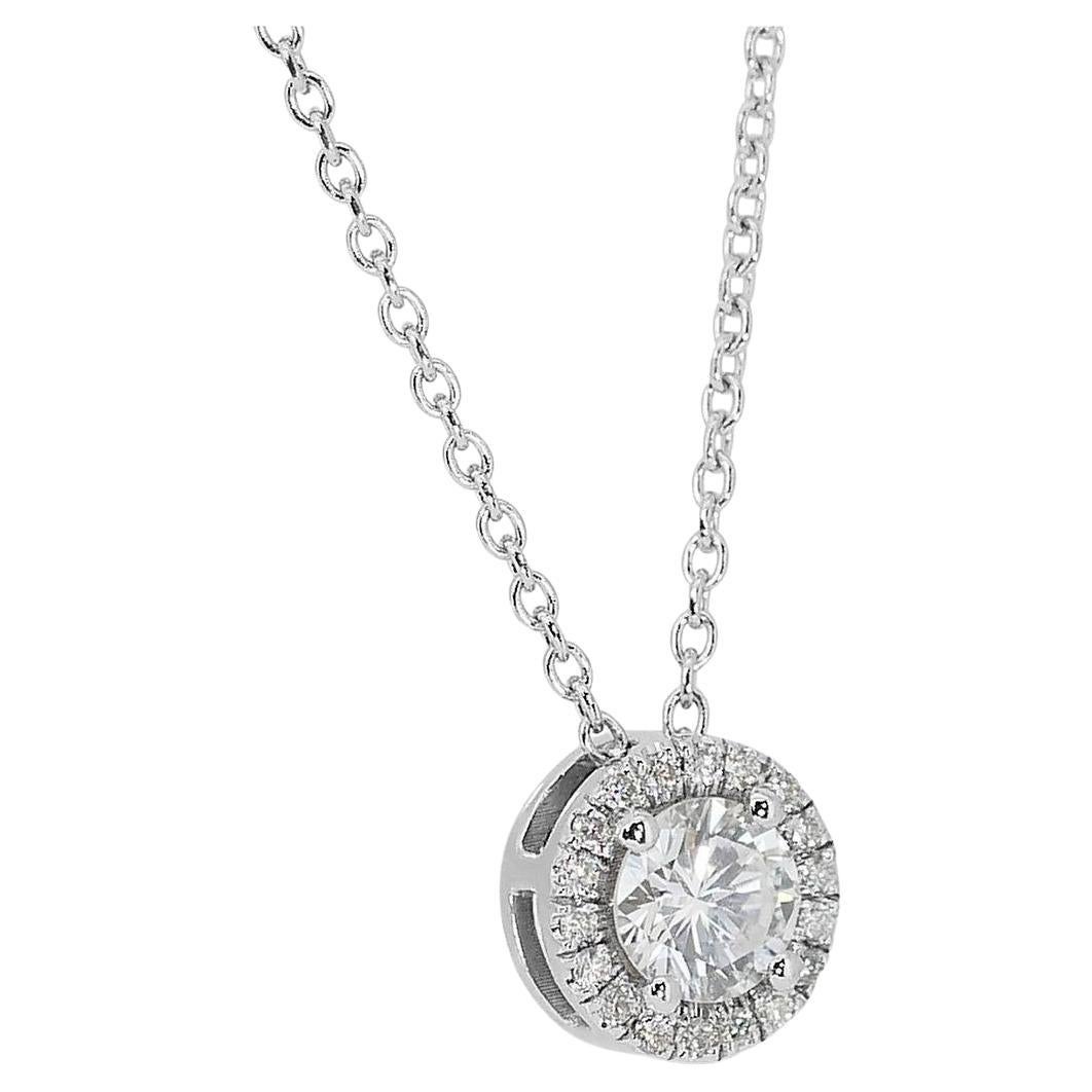 Timeless 0.80ct Diamond Halo Necklace in 18k White Gold - GIA Certified 

Elevate your elegance with this luxurious diamond halo necklace, crafted from pristine 18k white gold. It features a breathtaking 0.80-carat main diamond and is beautifully