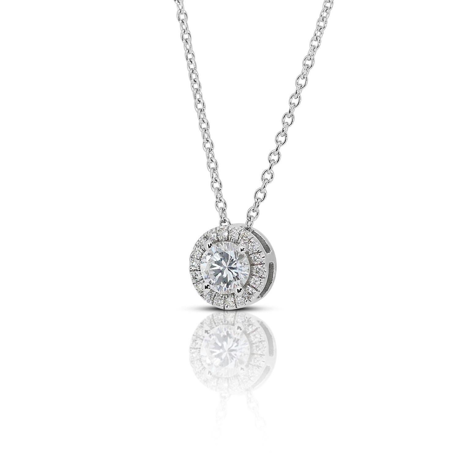 Round Cut Timeless 0.80ct Diamond Halo Necklace in 18k White Gold - GIA Certified  For Sale