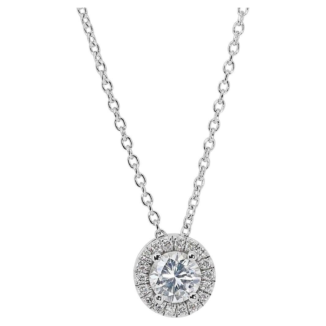 Timeless 0.80ct Diamond Halo Necklace in 18k White Gold - GIA Certified  For Sale
