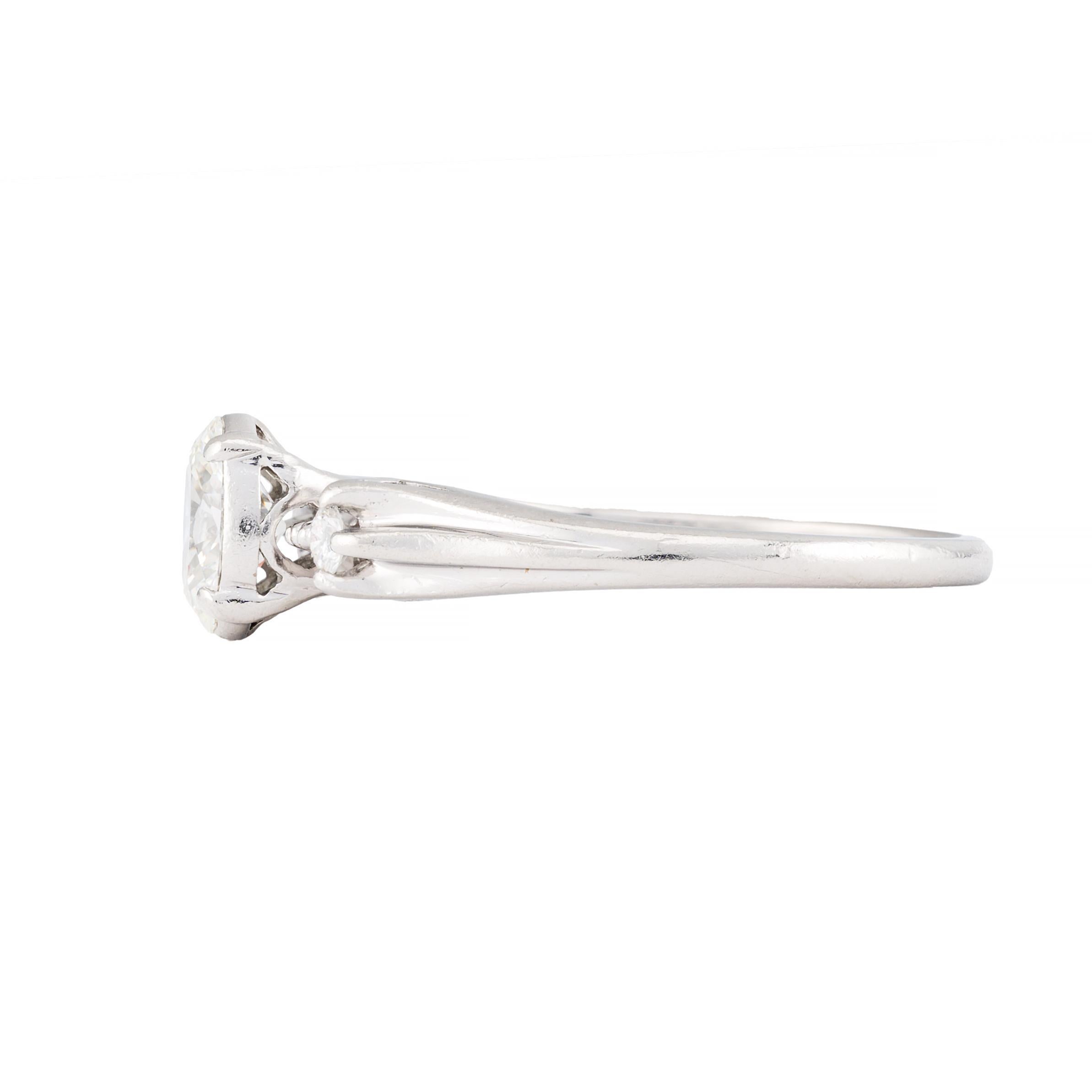 Aston Estate Jewelry Presents:

An engagement ring featuring an oval cut diamond of 0.80 carats.

Flanked by two brilliant cut diamonds totaling 0.06 carats.

All diamonds are VS2 clarity and H color grade.

Crafted in platinum.

Size: 7.75 US,