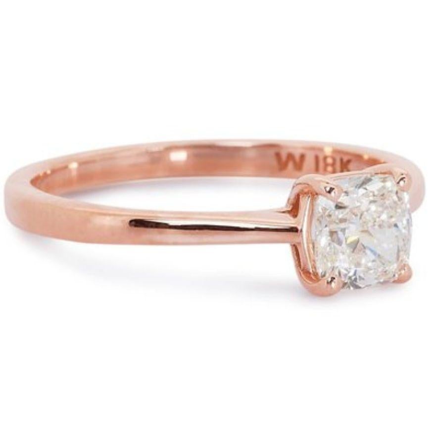 Embrace captivating femininity and timeless romance with this breathtaking cushion modified brilliant diamond ring, showcasing a dazzling 1 carat center stone that radiates brilliance and luxury. Crafted in stunning 18K rose gold, this exquisite