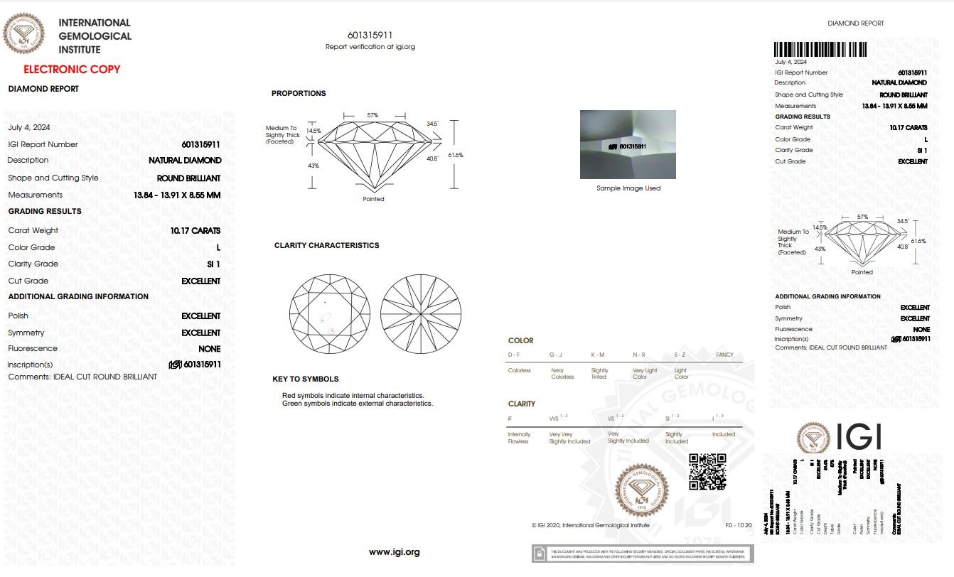 Diamante rotondo senza tempo con taglio ideale triplo eccellente da 10,17 carati - certificato IGI

Prova una brillantezza senza pari con questo straordinario diamante rotondo da 10,17 carati. Con un triplo taglio ideale eccellente, questa gemma