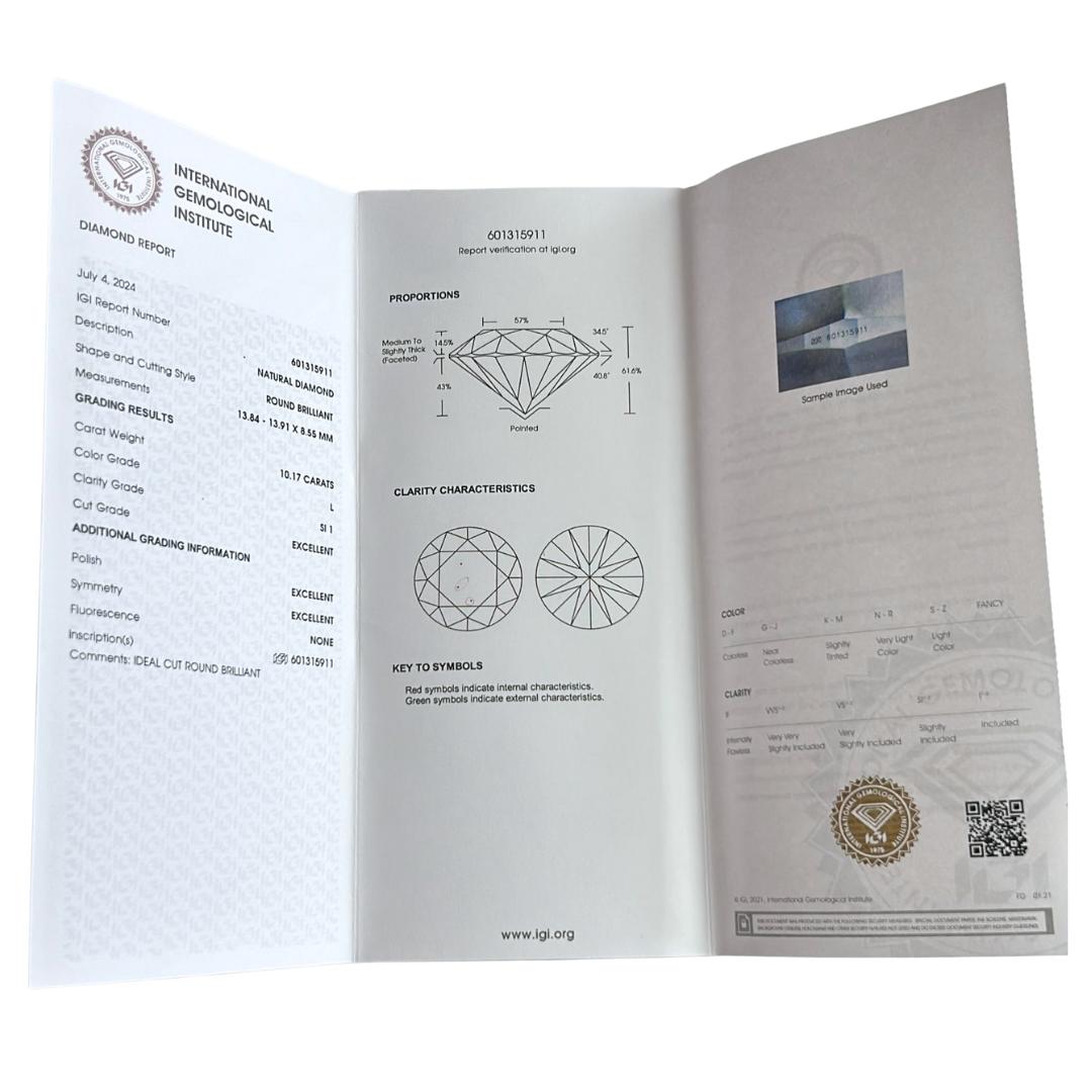 Taglio rotondo Diamante rotondo senza tempo con taglio ideale triplo eccellente da 10,17 carati - certificato IGI in vendita