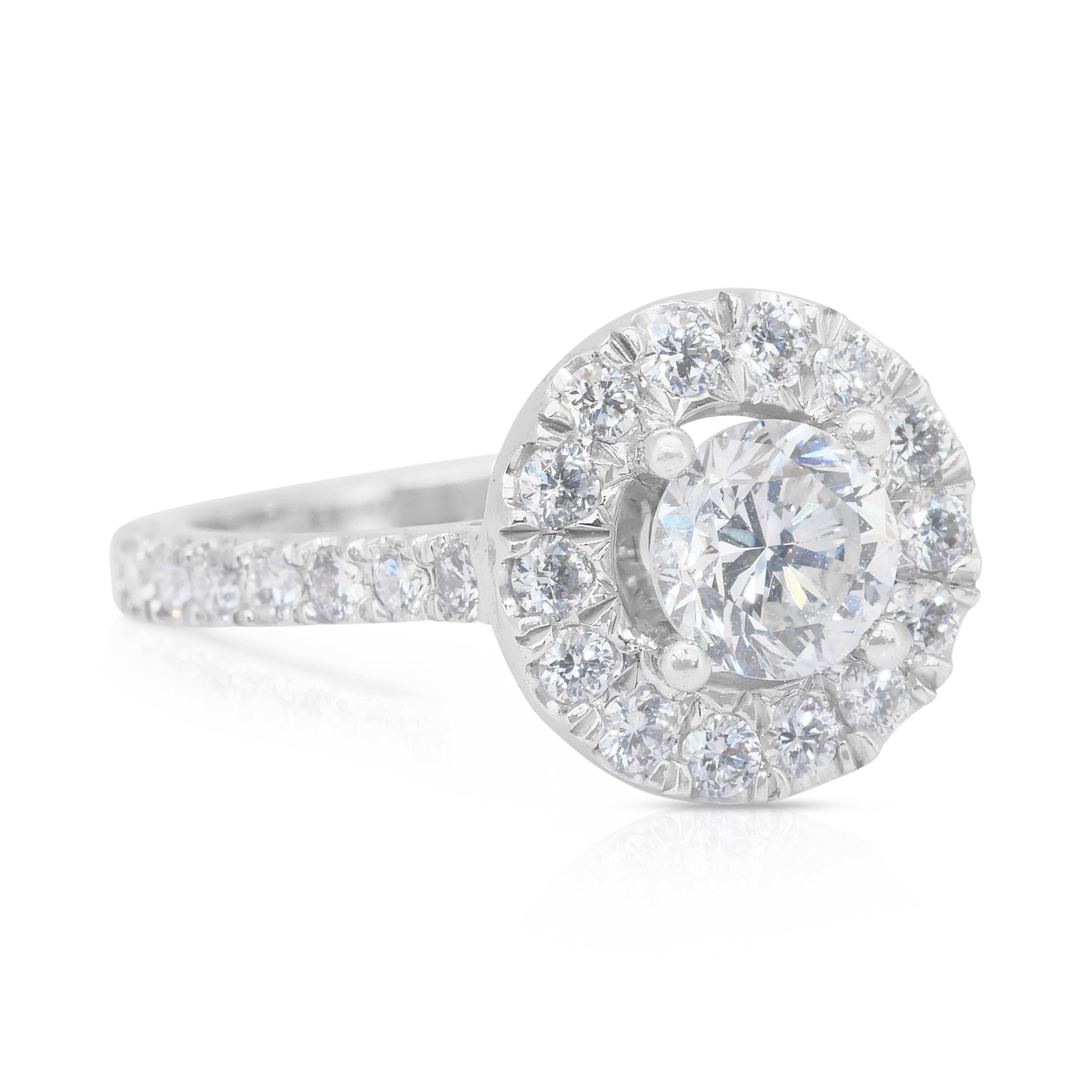 Round Cut Timeless 1.03ct Diamonds Halo Ring in 18k White Gold - IGI Certified For Sale