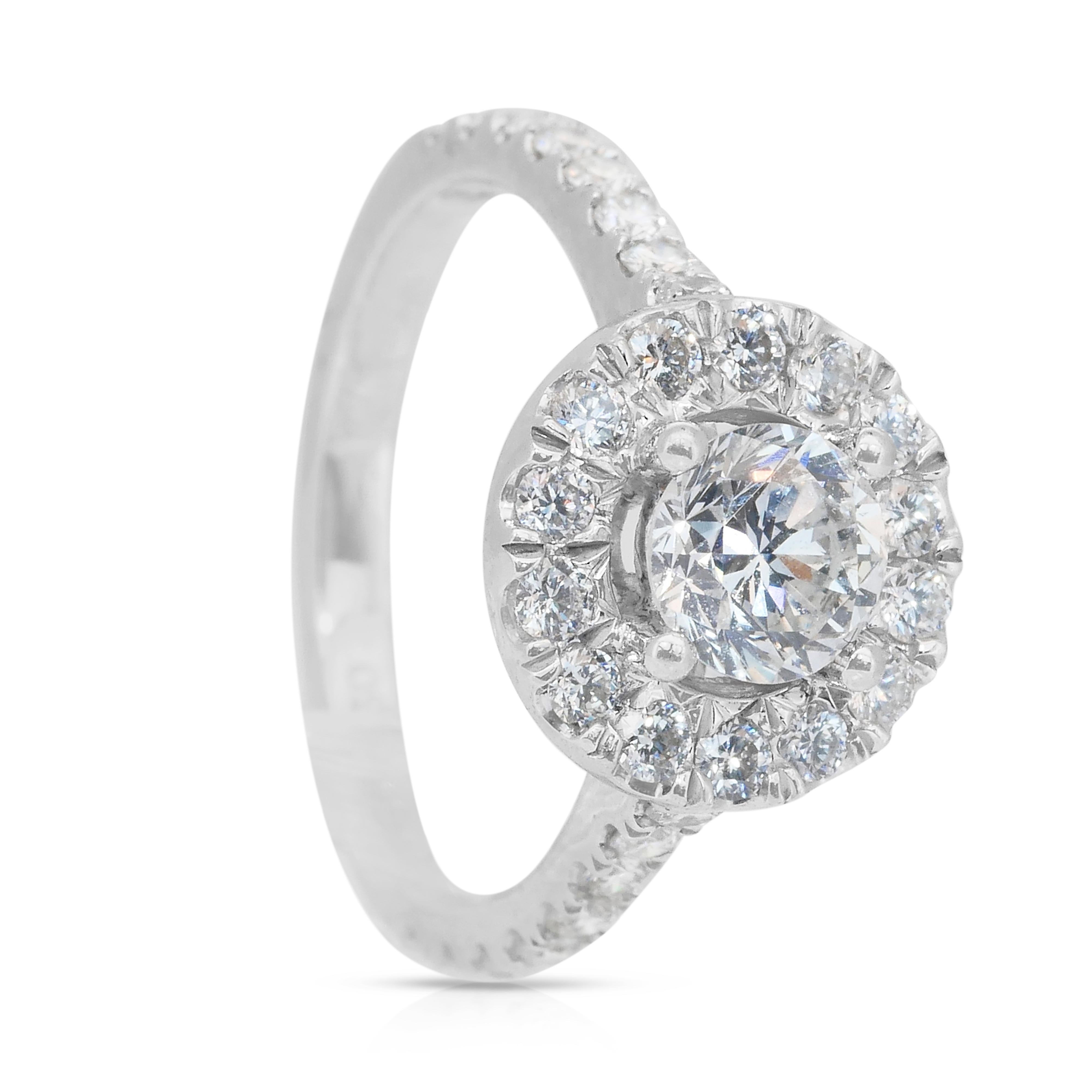 Timeless 1.03ct Diamonds Halo Ring in 18k White Gold - IGI Certified For Sale 3