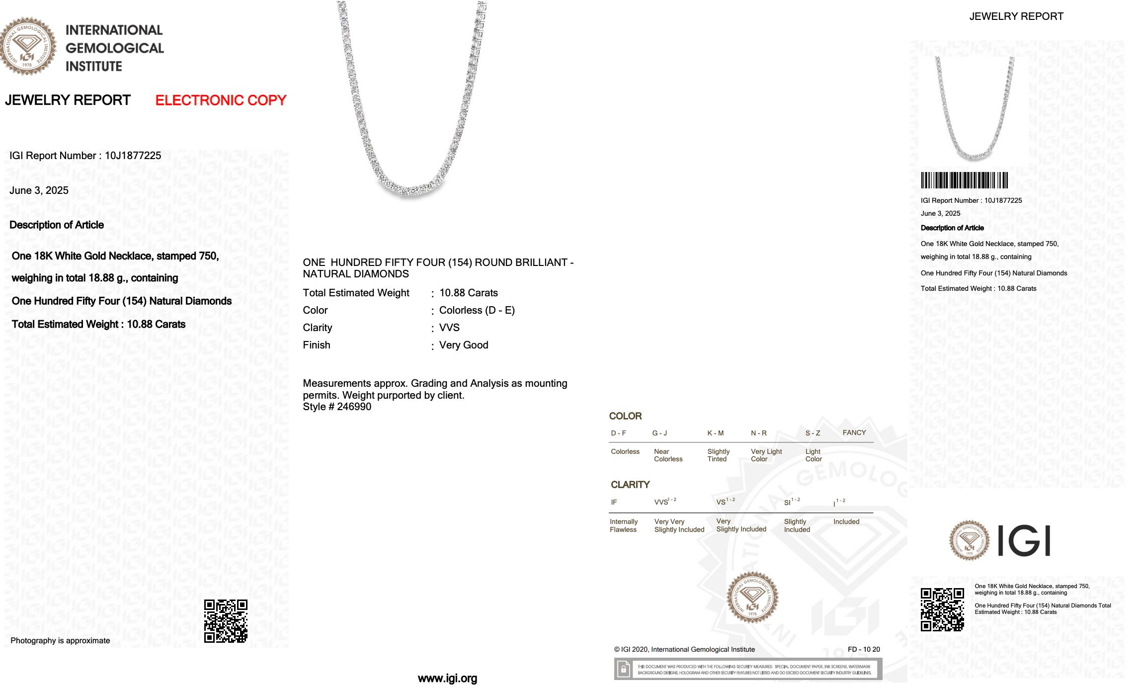 De las mujeres Timeless 10.88ct Diamonds Necklace in 18k White Gold - IGI Certified en venta
