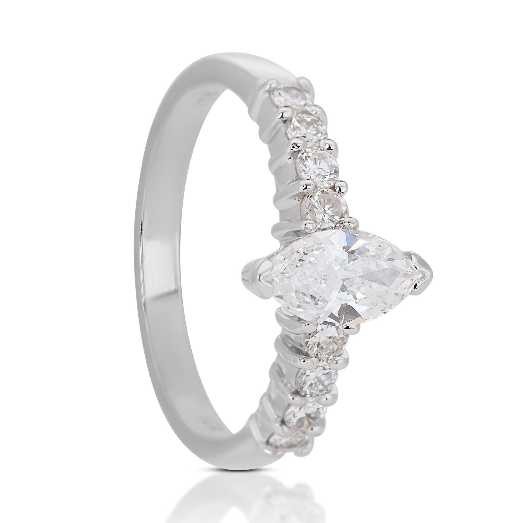 Marquise Cut Timeless 1.08ct Diamonds Pave Ring in 18k White Gold - GIA Certified For Sale