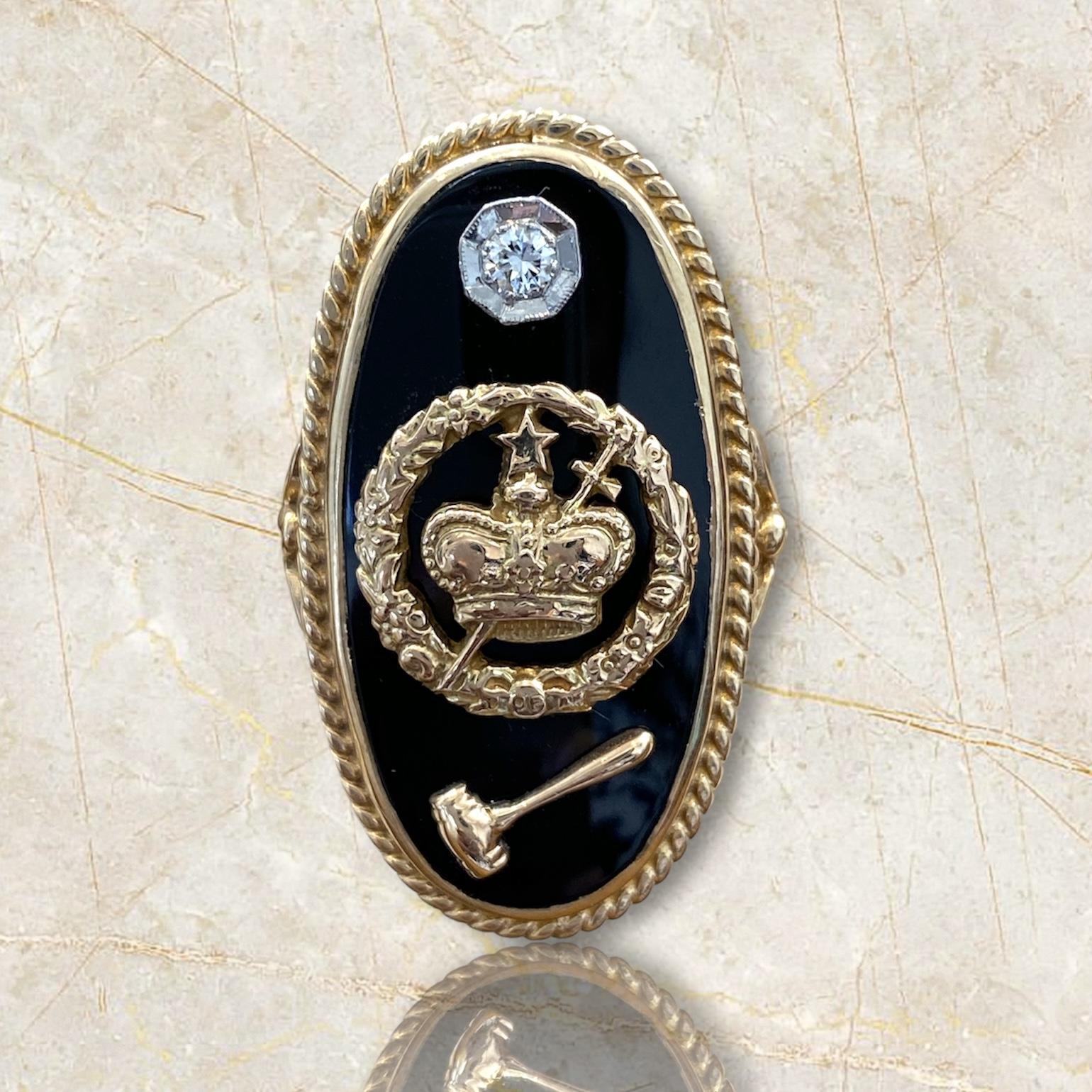 Make a statement with this unique 10K Yellow Gold Gavel Ring, featuring a 0.08 carat diamond and striking black onyx. The combination of the gleaming yellow gold, brilliant diamond, and bold onyx creates a piece that is both elegant and distinctive.