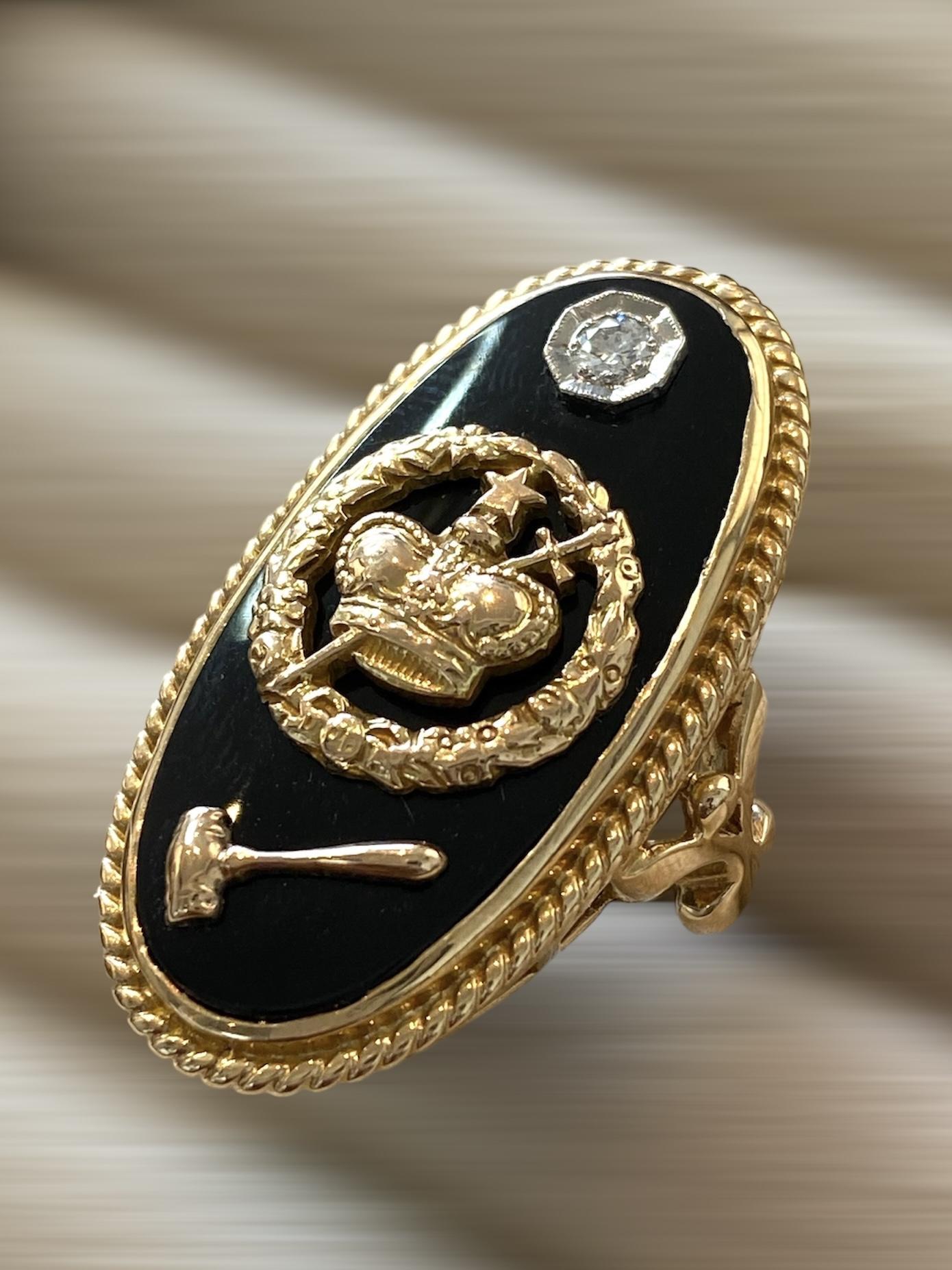 Women's or Men's Timeless 10K Yellow Gold Diamond and Black Onyx Gavel Ring