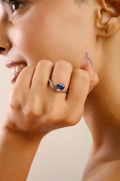 Timeless 1.1 Ct Oval Blue Sapphire Wave Ring in 14K White Gold Thanksgiving Gift