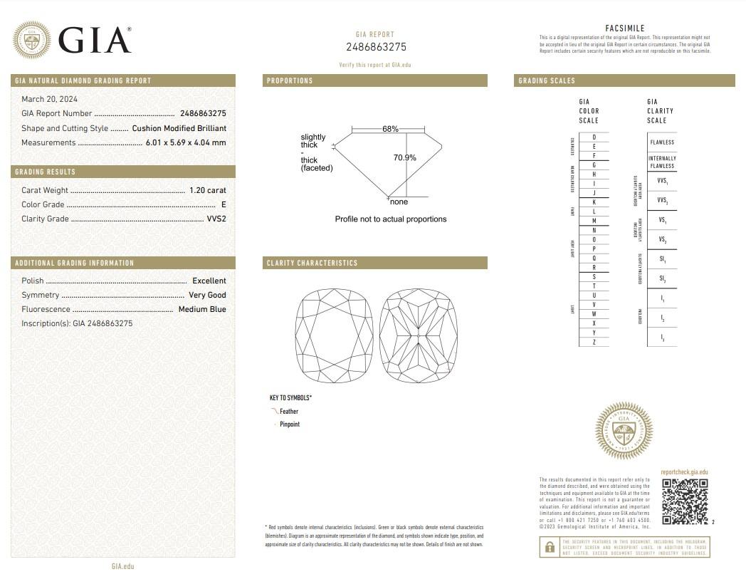 Diamante intemporal en forma de cojín de talla ideal de 1,20 ct - Certificado GIA

Descubre la pura elegancia de este diamante en forma de cojín de 1,20 quilates que personifica la belleza refinada y la claridad. La popular forma de cojín ofrece un