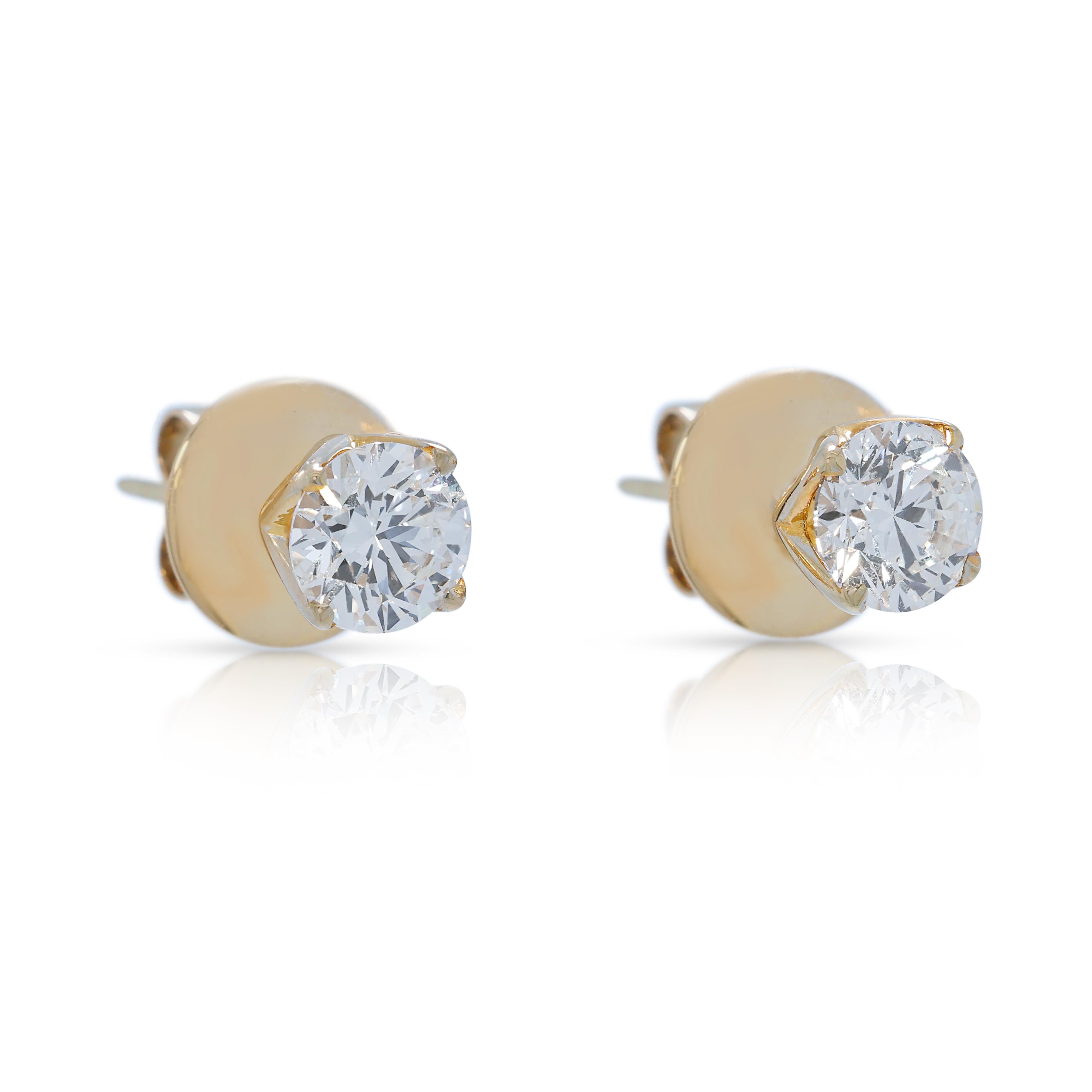 Taille ronde Boucles d'oreilles intemporelles en or jaune 18 carats avec 1,22 ct de diamant - certifiées GIA en vente