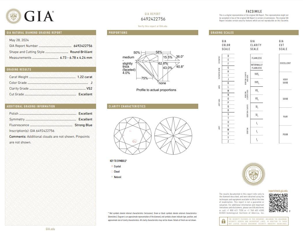 Diamante rotondo senza tempo con taglio ideale triplo eccellente da 1,22ct - Certificato GIA

Scopri la squisita bellezza di questo straordinario diamante rotondo da 1,22 carati, caratterizzato da un perfetto taglio ideale triplo eccellente.